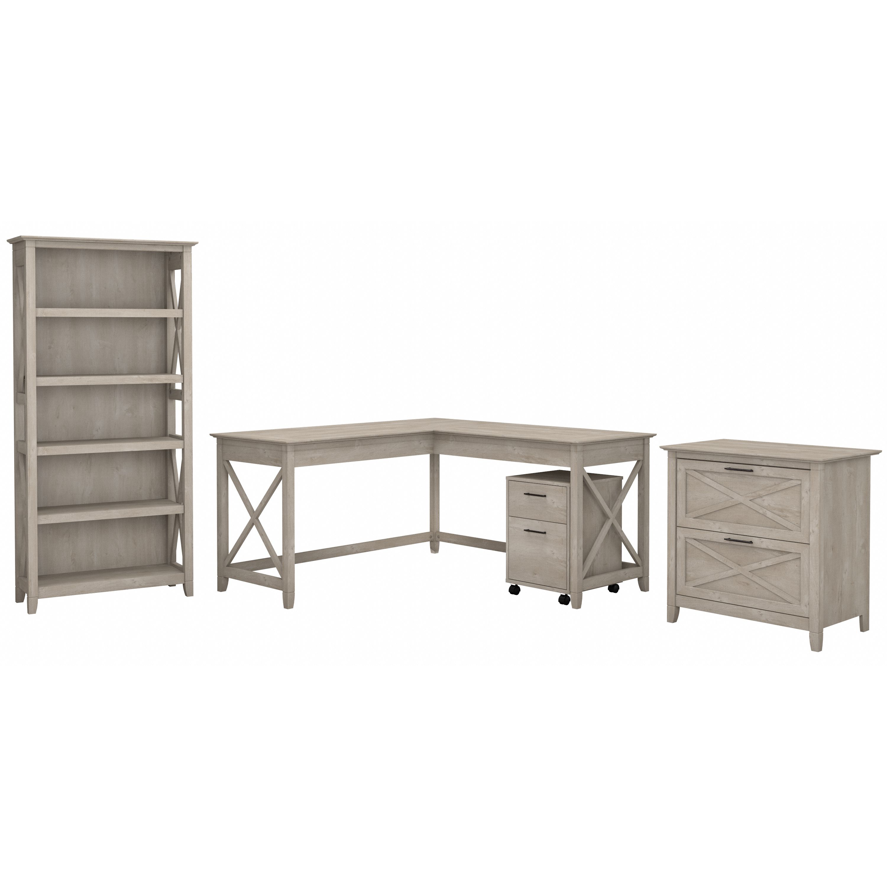 Shop Bush Furniture Key West 60W L Shaped Desk with File Cabinets and 5 Shelf Bookcase 02 KWS017WG #color_washed gray