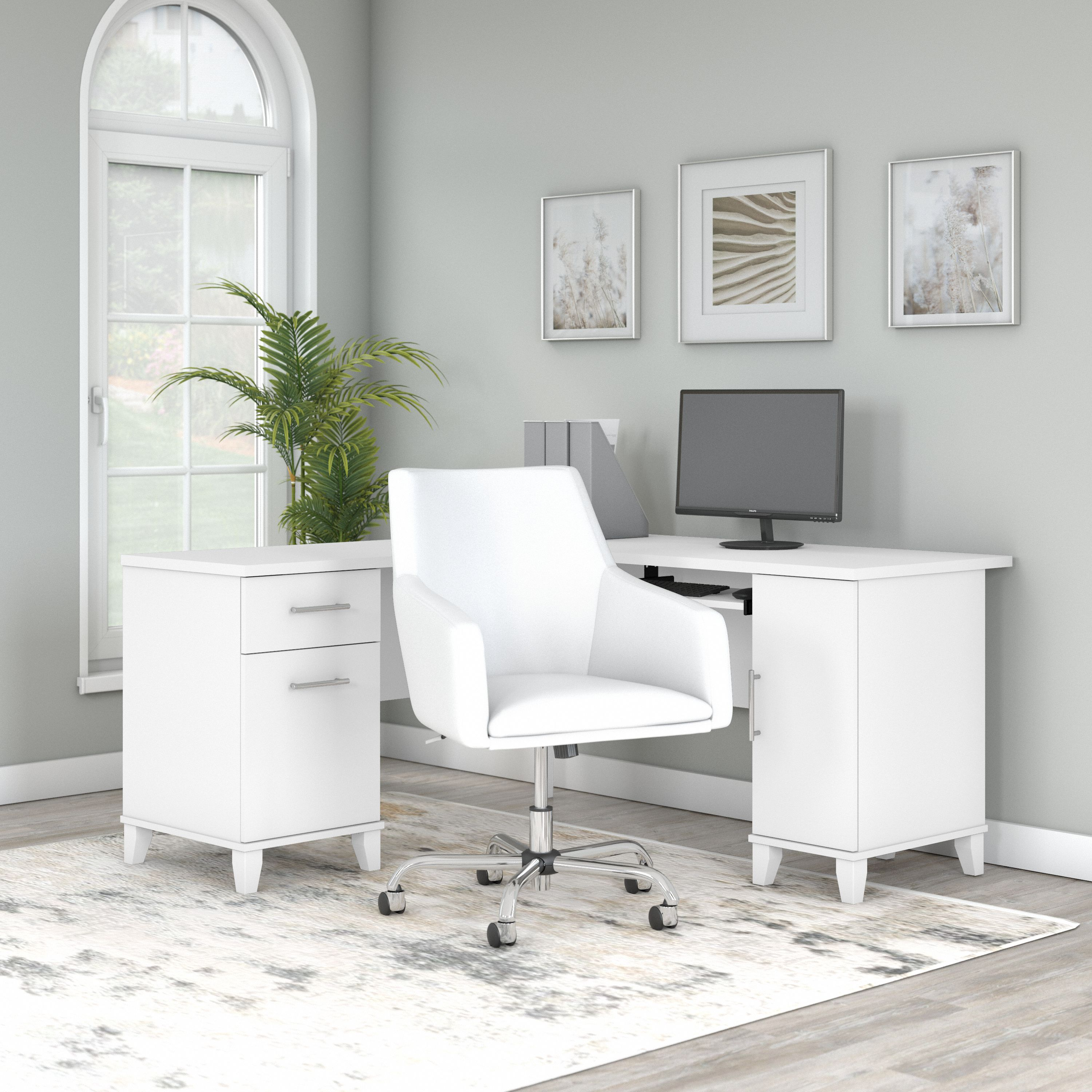 Shop Bush Furniture Somerset 60W L Shaped Desk with Mid Back Leather Box Chair 01 SET022WH #color_white