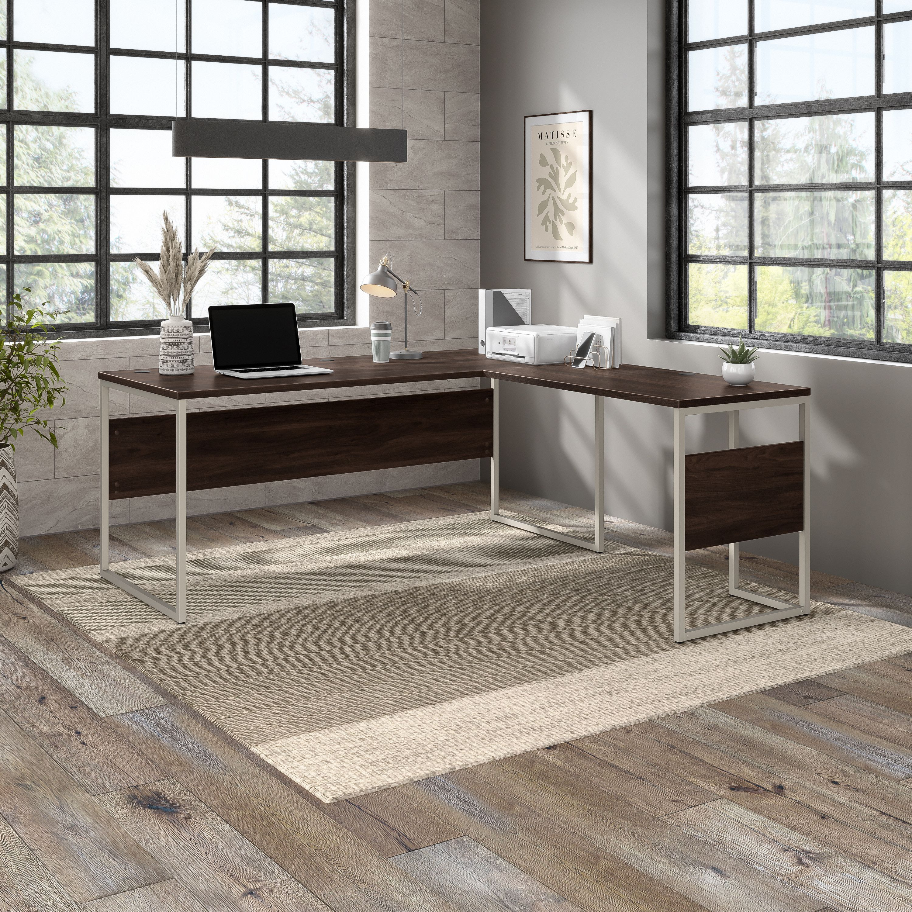 Shop Bush Business Furniture Hybrid 72W x 30D L Shaped Table Desk with Metal Legs 01 HYB026BW #color_black walnut