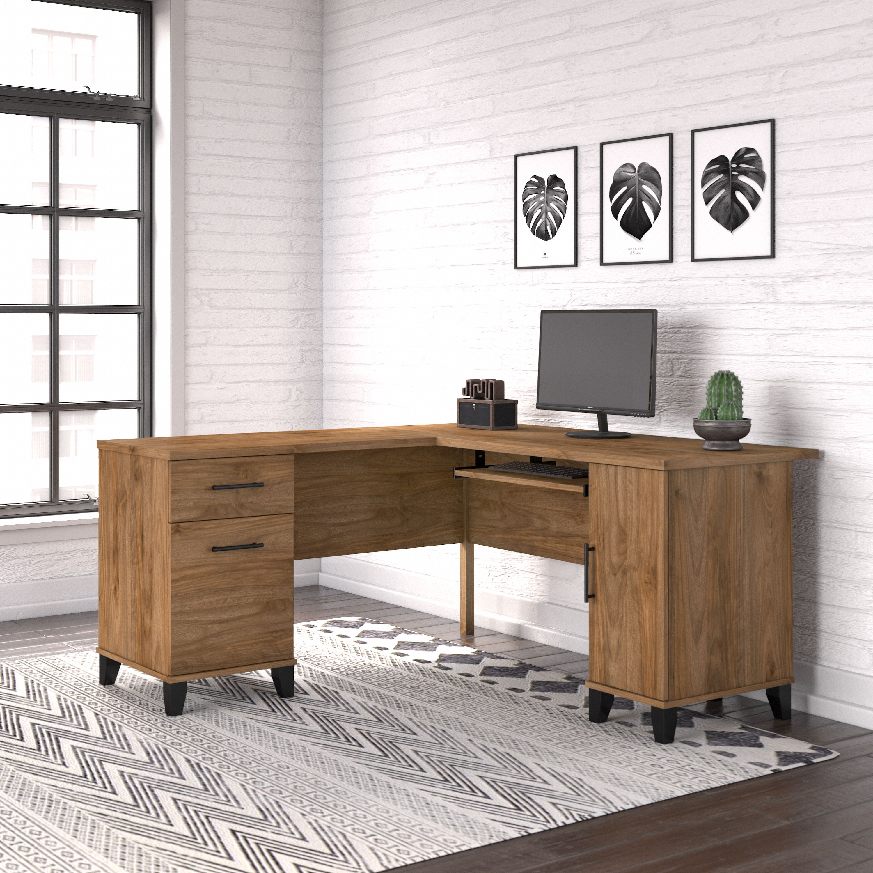 Shop Bush Furniture Somerset 60W L Shaped Desk with Storage 01 WC81330K #color_fresh walnut