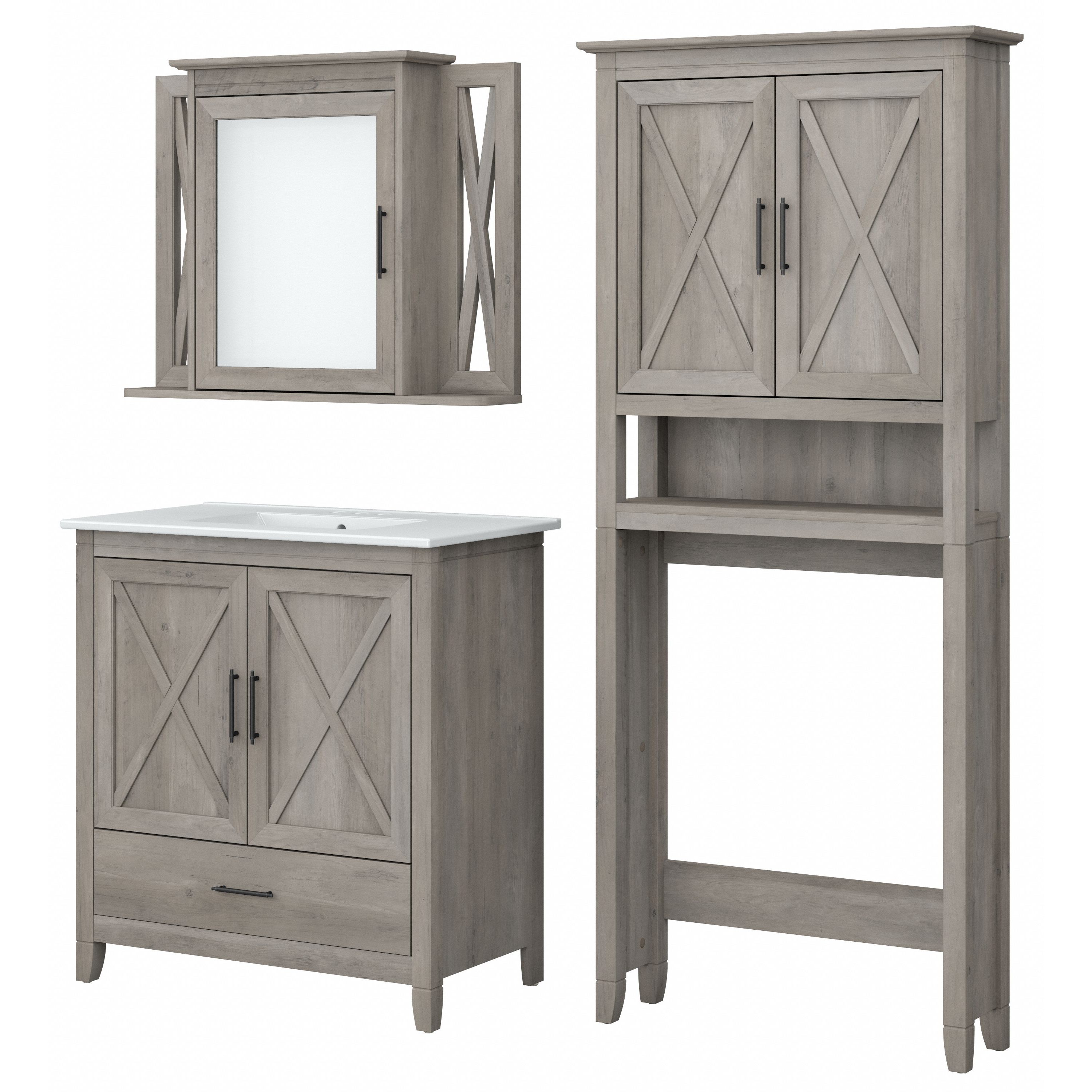 Shop Bush Furniture Key West 32W Bathroom Vanity Sink with Mirror and Over The Toilet Storage Cabinet 02 KWS032DG #color_driftwood gray