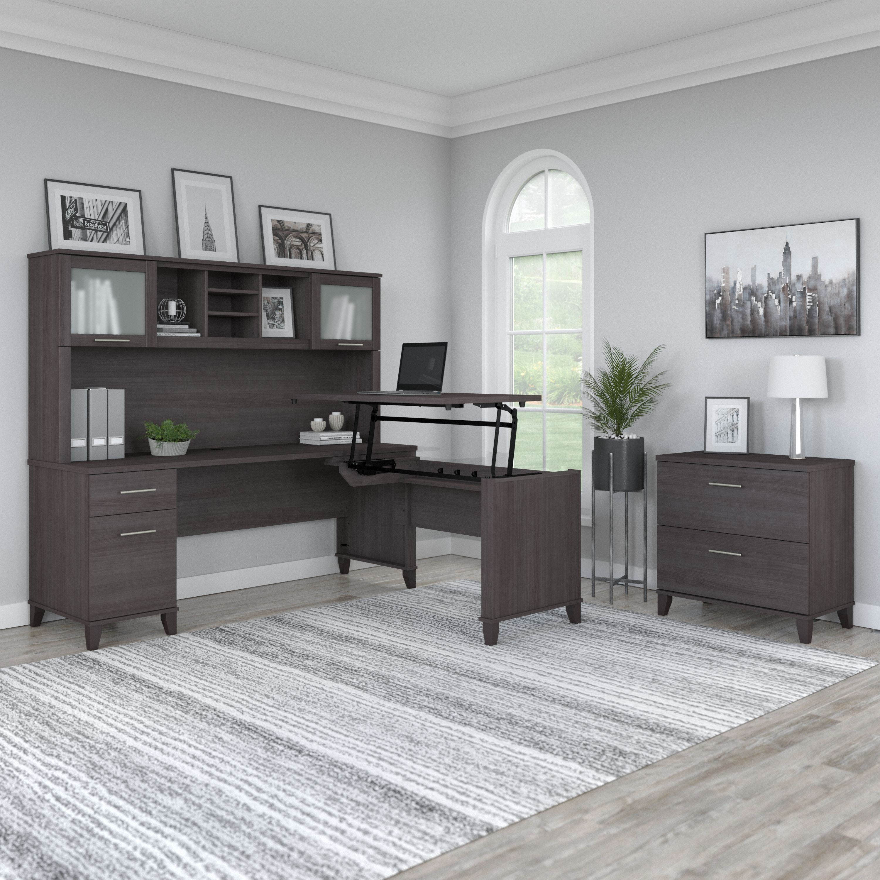 Shop Bush Furniture Somerset 72W 3 Position Sit to Stand L Shaped Desk with Hutch and File Cabinet 01 SET016SG #color_storm gray