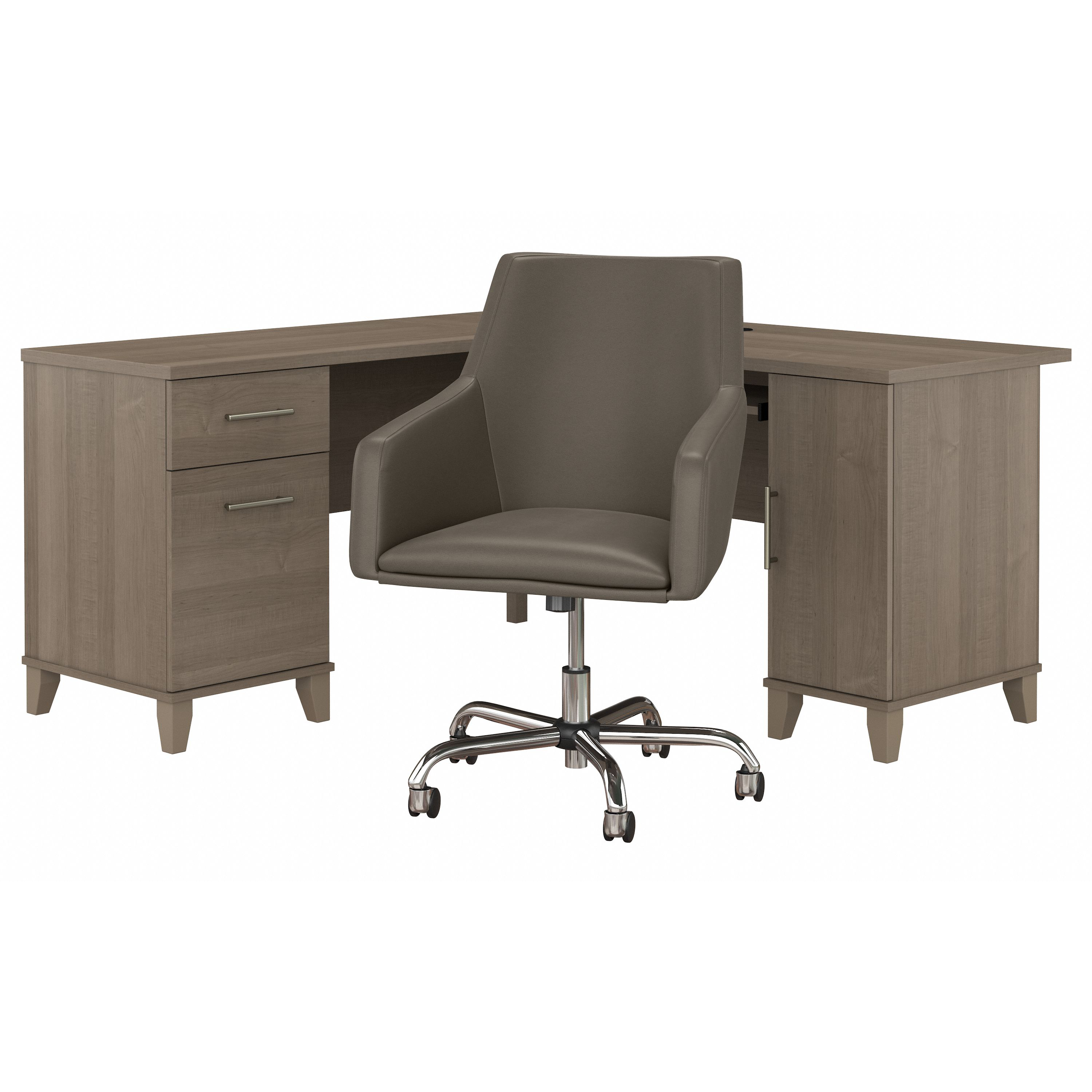 Shop Bush Furniture Somerset 60W L Shaped Desk with Mid Back Leather Box Chair 02 SET022AG #color_ash gray