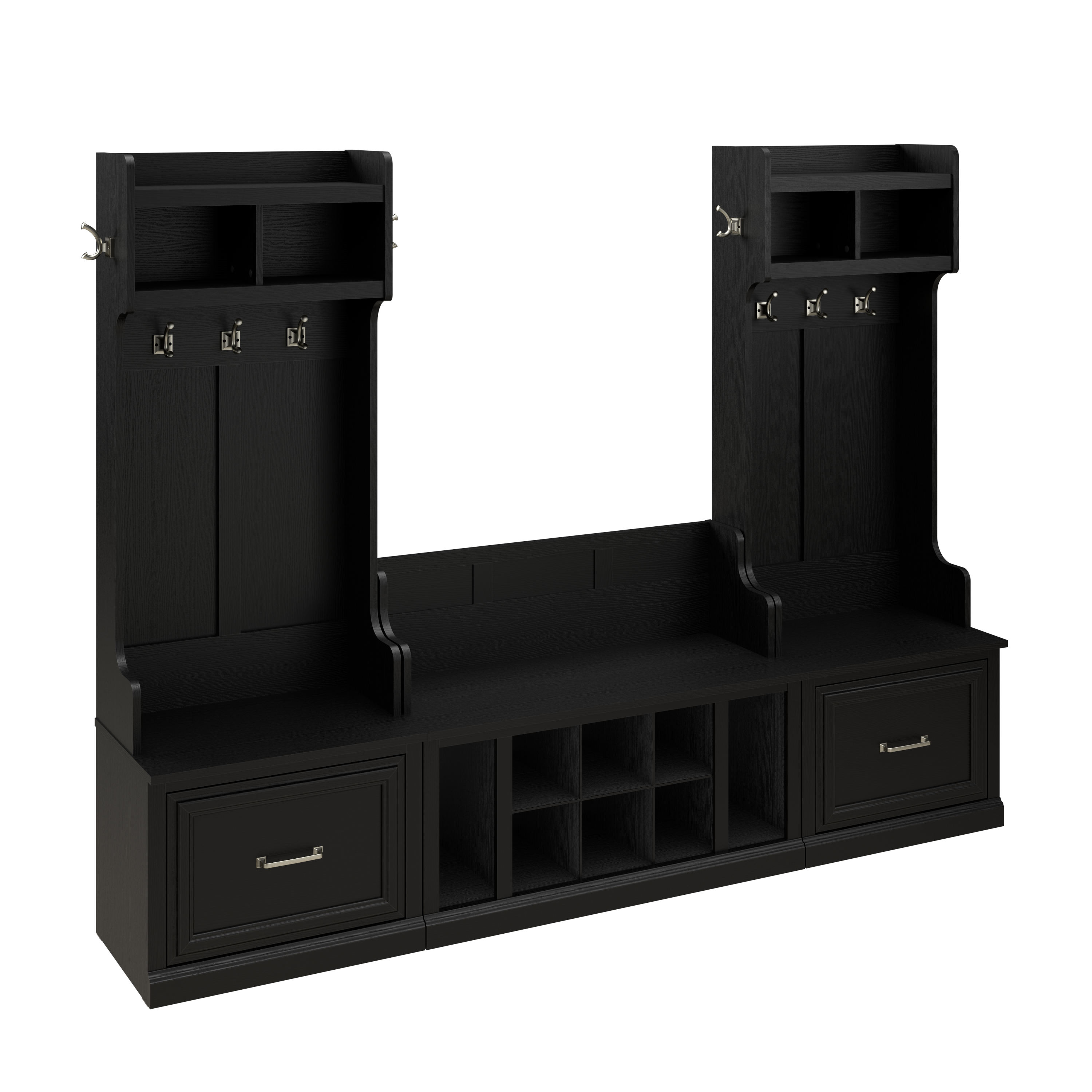 Shop Bush Furniture Woodland Entryway Storage Set with Hall Trees and Shoe Bench with Drawers 02 WDL012BS #color_black suede oak