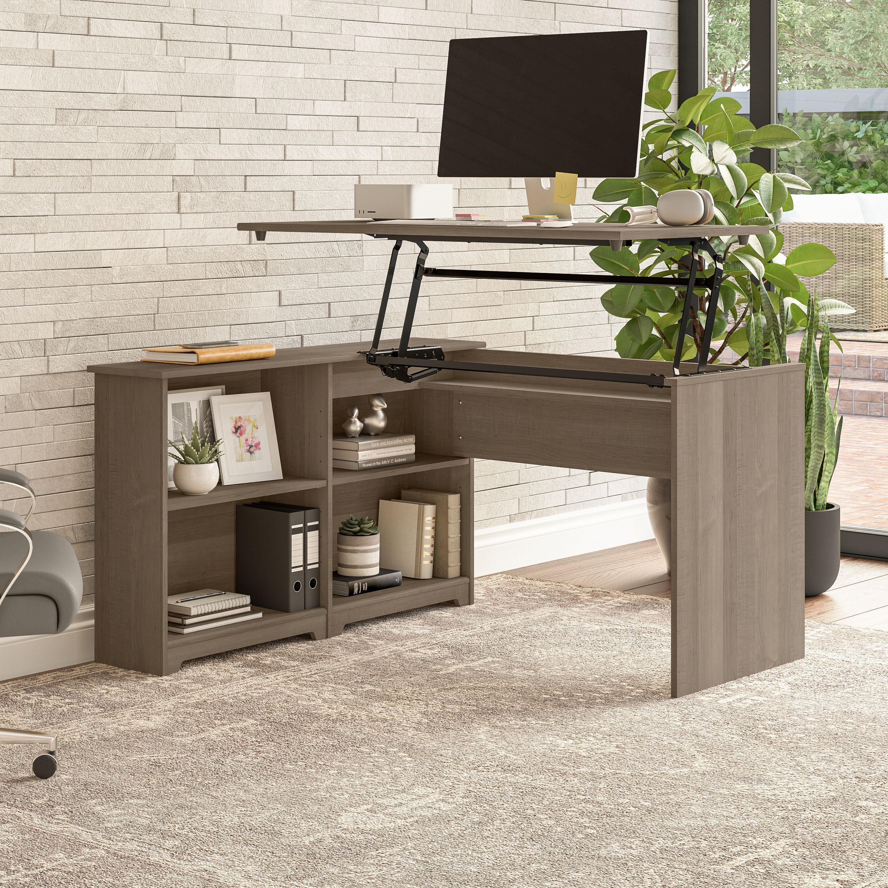 Shop Bush Furniture Cabot 52W 3 Position Sit to Stand Corner Desk with Shelves 01 WC31216 #color_ash gray