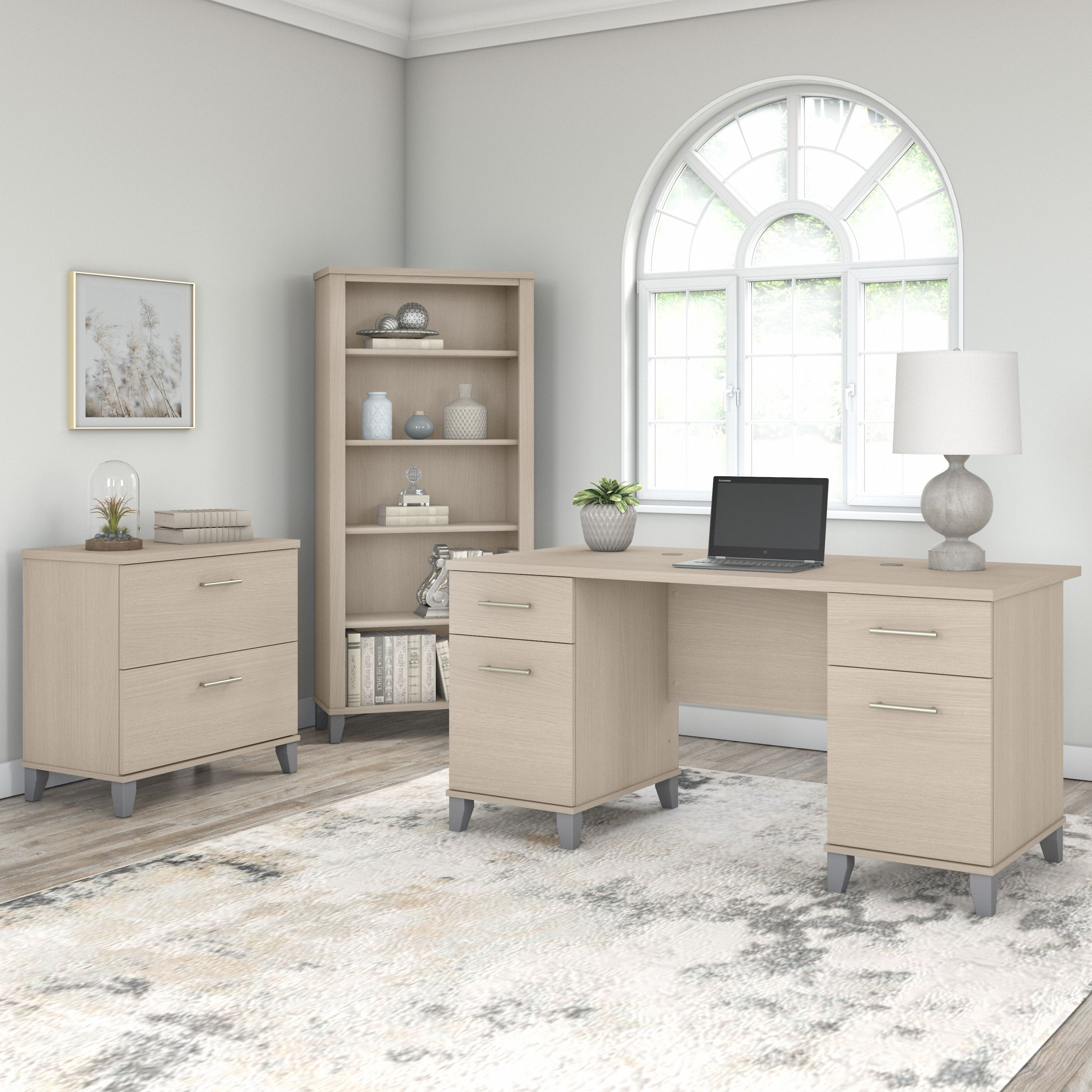 Shop Bush Furniture Somerset 60W Office Desk with Lateral File Cabinet and 5 Shelf Bookcase 01 SET013SO #color_sand oak