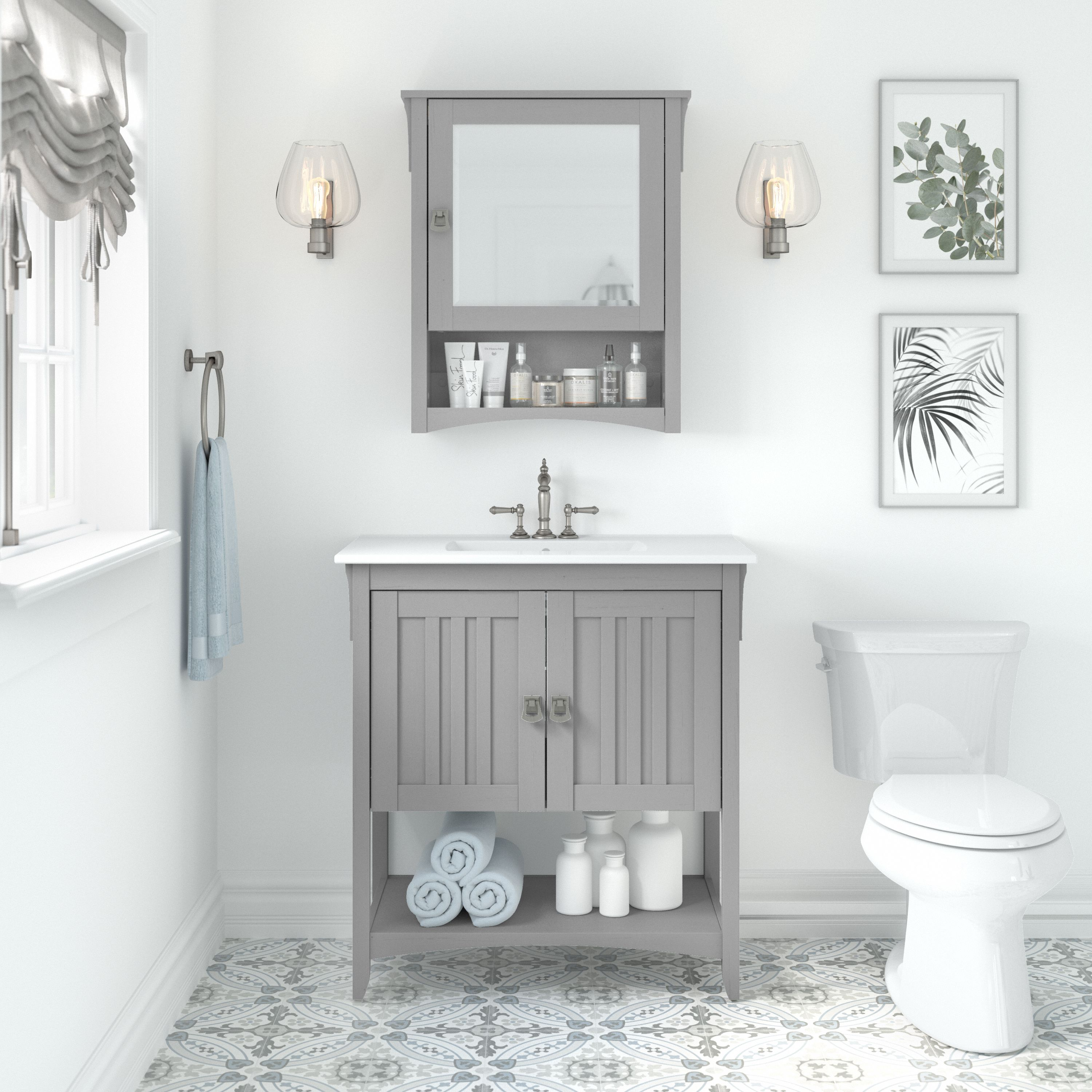 Shop Bush Furniture Salinas 32W Bathroom Vanity Sink and Medicine Cabinet with Mirror 01 SAL020CG #color_cape cod gray