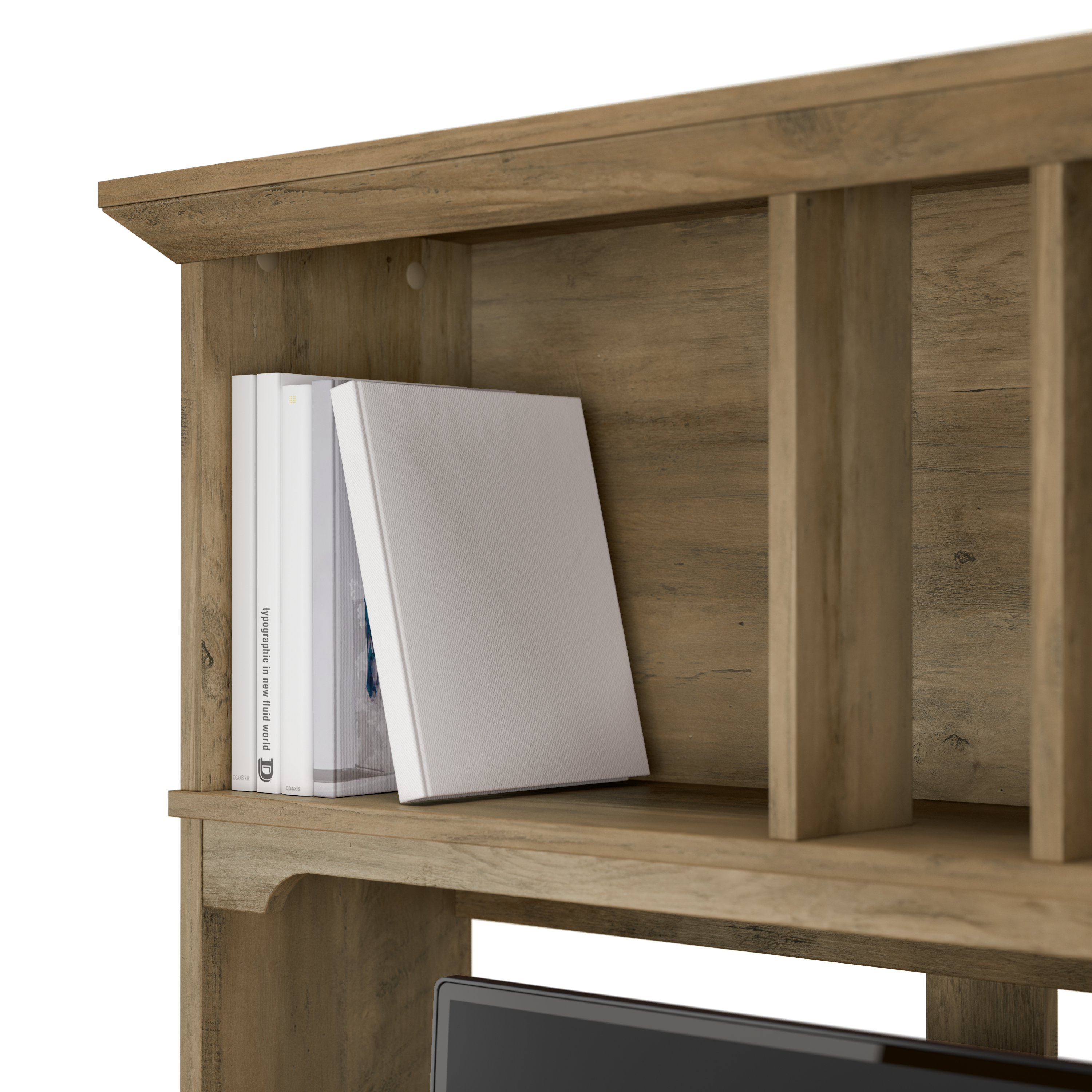 Shop Bush Furniture Salinas 60W L Shaped Desk with Hutch, Lateral File Cabinet and 5 Shelf Bookcase 09 SAL007RCP #color_reclaimed pine