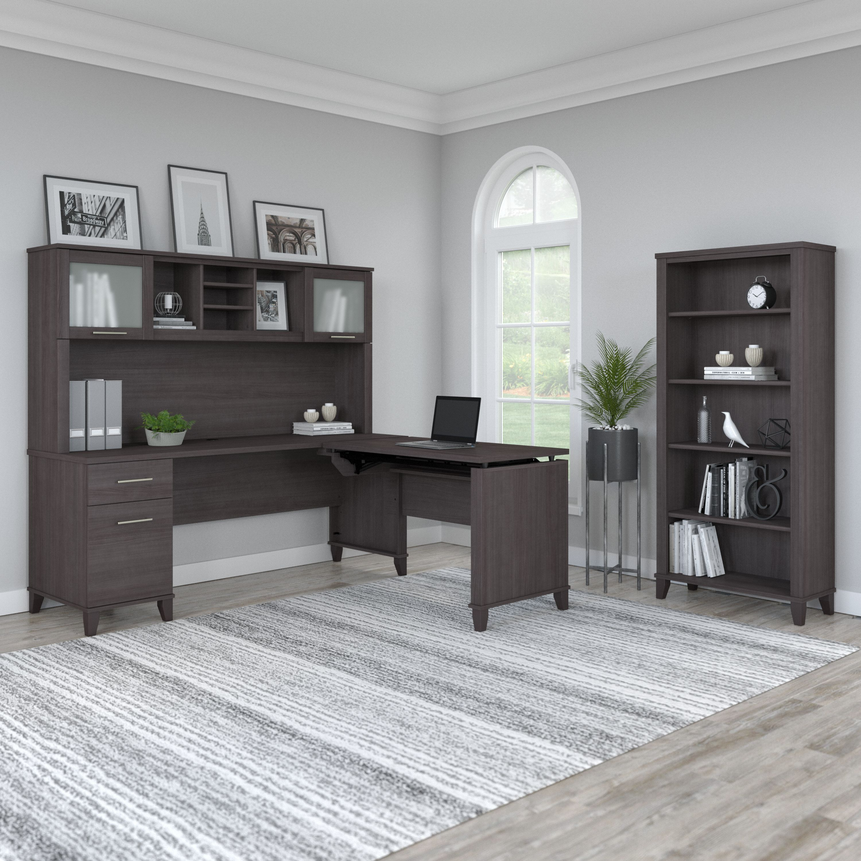 Shop Bush Furniture Somerset 72W 3 Position Sit to Stand L Shaped Desk with Hutch and Bookcase 06 SET017SG #color_storm gray