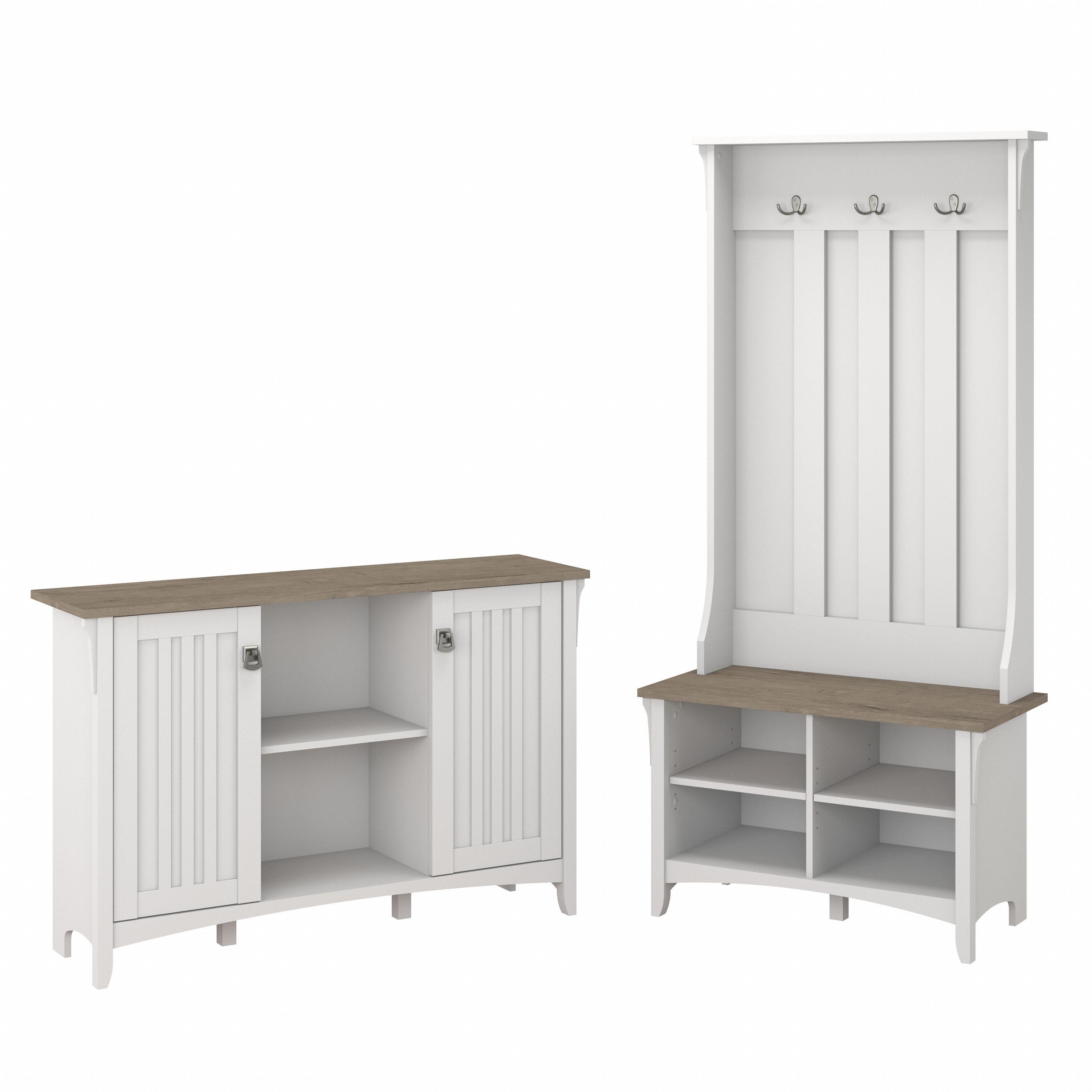 Shop Bush Furniture Salinas Entryway Storage Set with Hall Tree, Shoe Bench and Accent Cabinet 02 SAL008G2W #color_shiplap gray/pure white