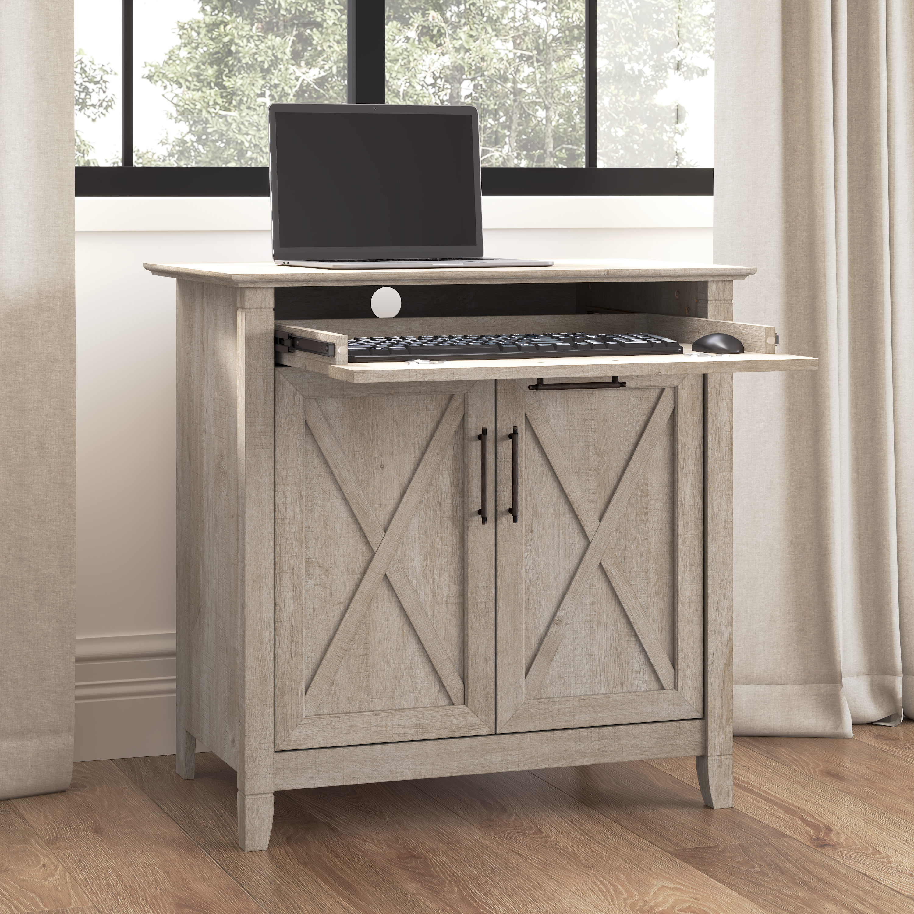 Shop Bush Furniture Key West Secretary Desk with Keyboard Tray and Storage Cabinet 06 KWS132WG-03 #color_washed gray