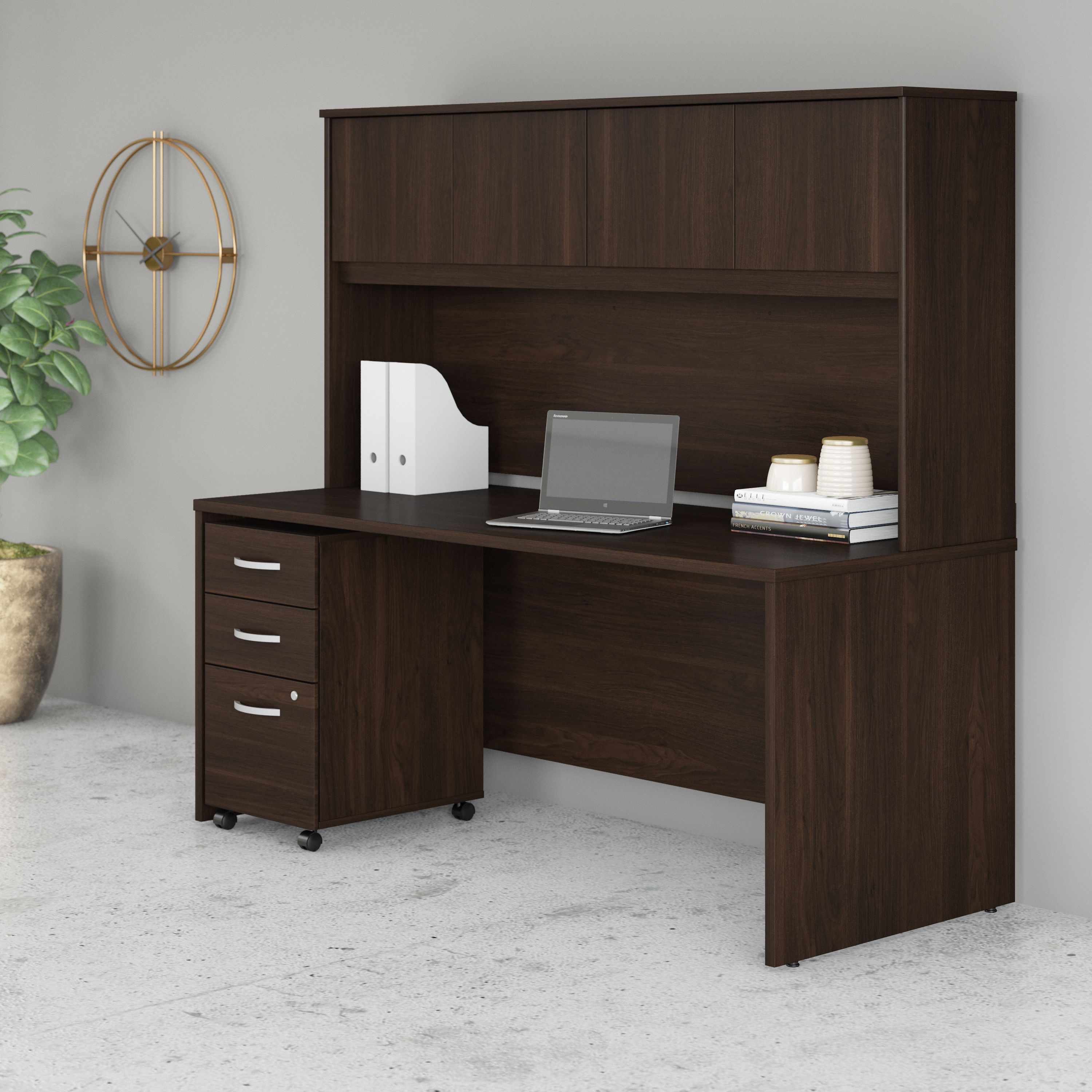 Shop Bush Business Furniture Studio C 72W x 30D Office Desk with Hutch and Mobile File Cabinet 01 STC011BWSU #color_black walnut