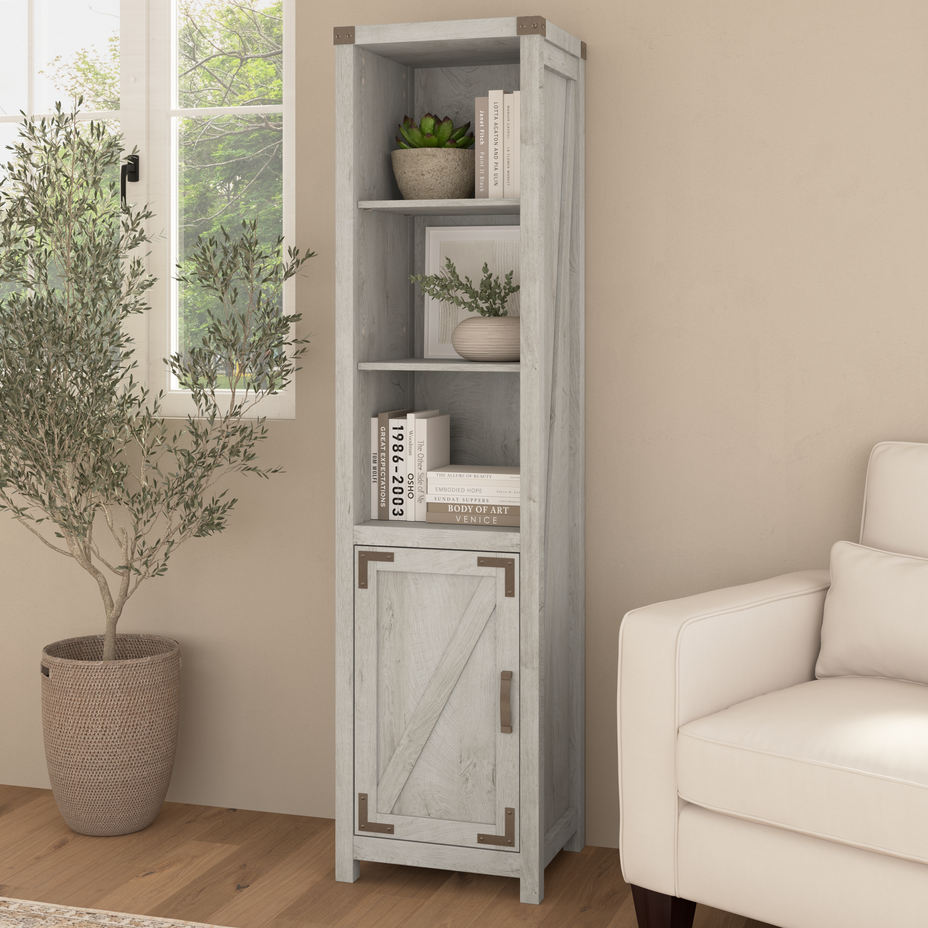 Shop Bush Furniture Knoxville Tall Narrow 5 Shelf Bookcase with Door 01 CGB118CWH-03 #color_cottage white