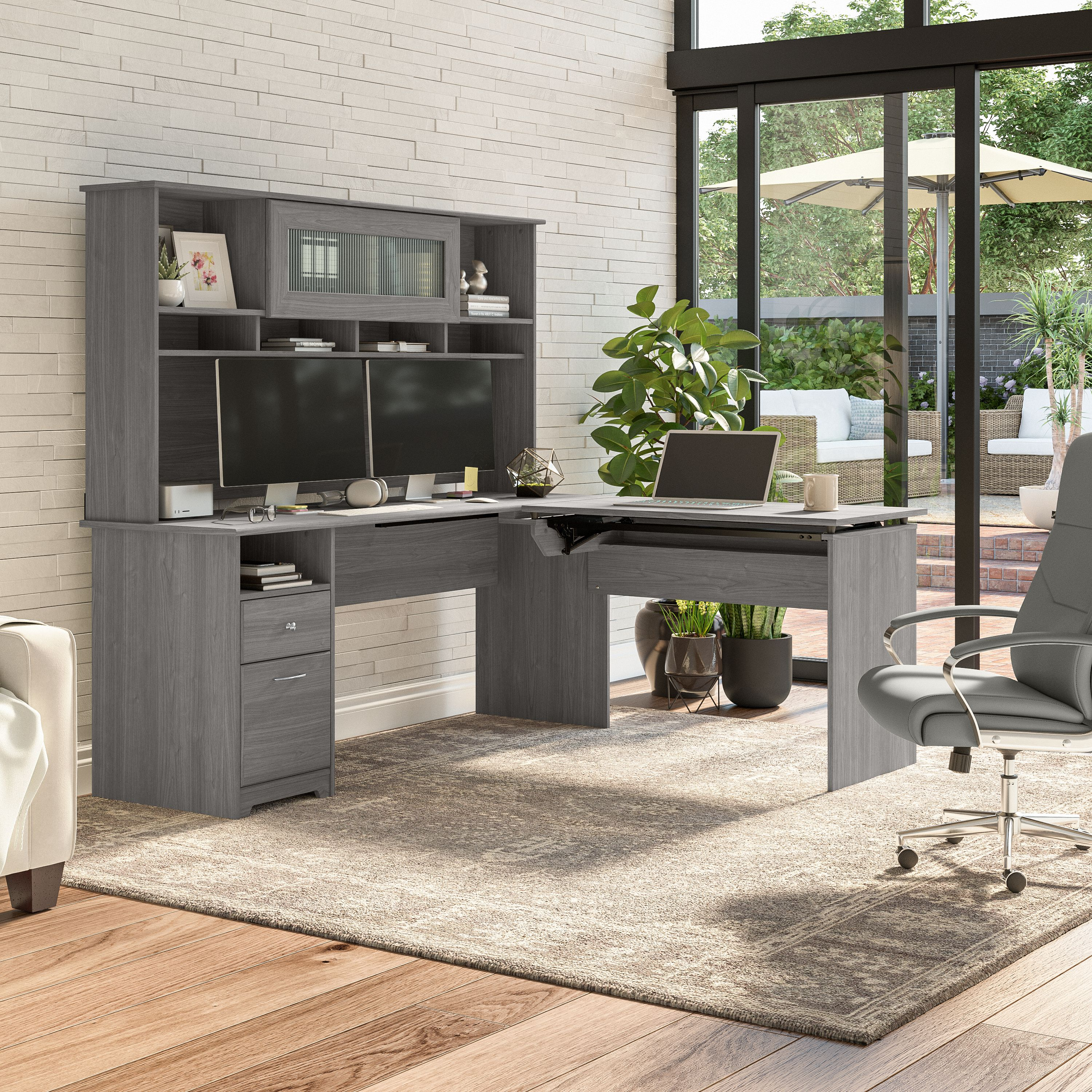 Shop Bush Furniture Cabot 72W 3 Position Sit to Stand L Shaped Desk with Hutch 06 CAB052MG #color_modern gray