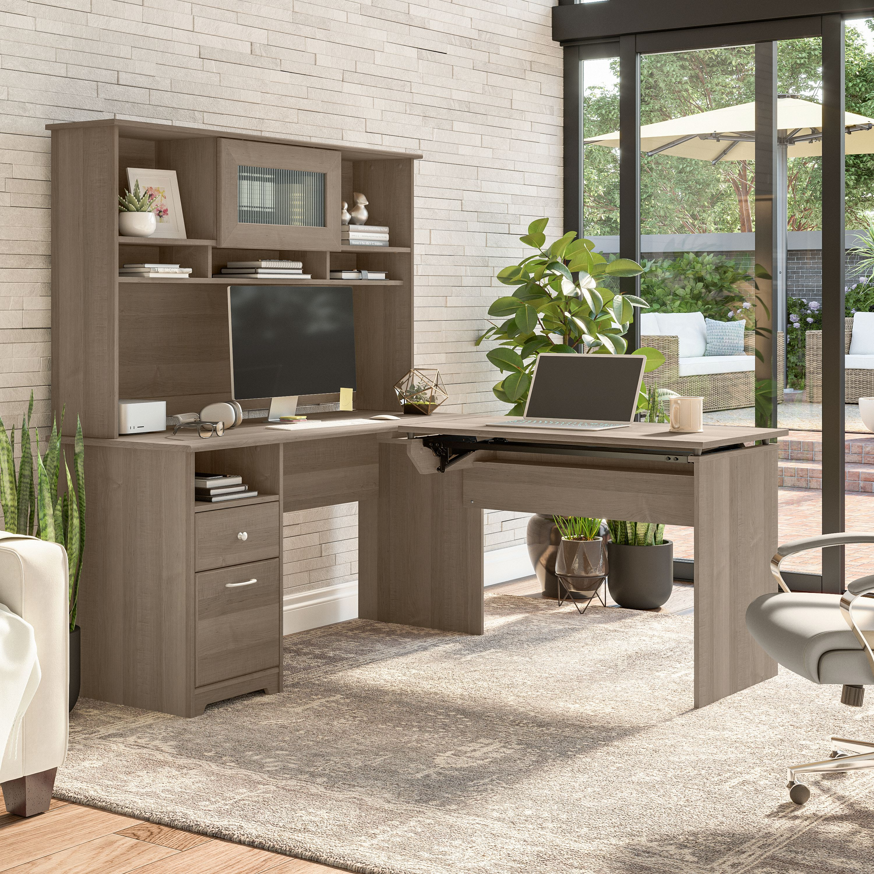Shop Bush Furniture Cabot 60W 3 Position Sit to Stand L Shaped Desk with Hutch 06 CAB045AG #color_ash gray