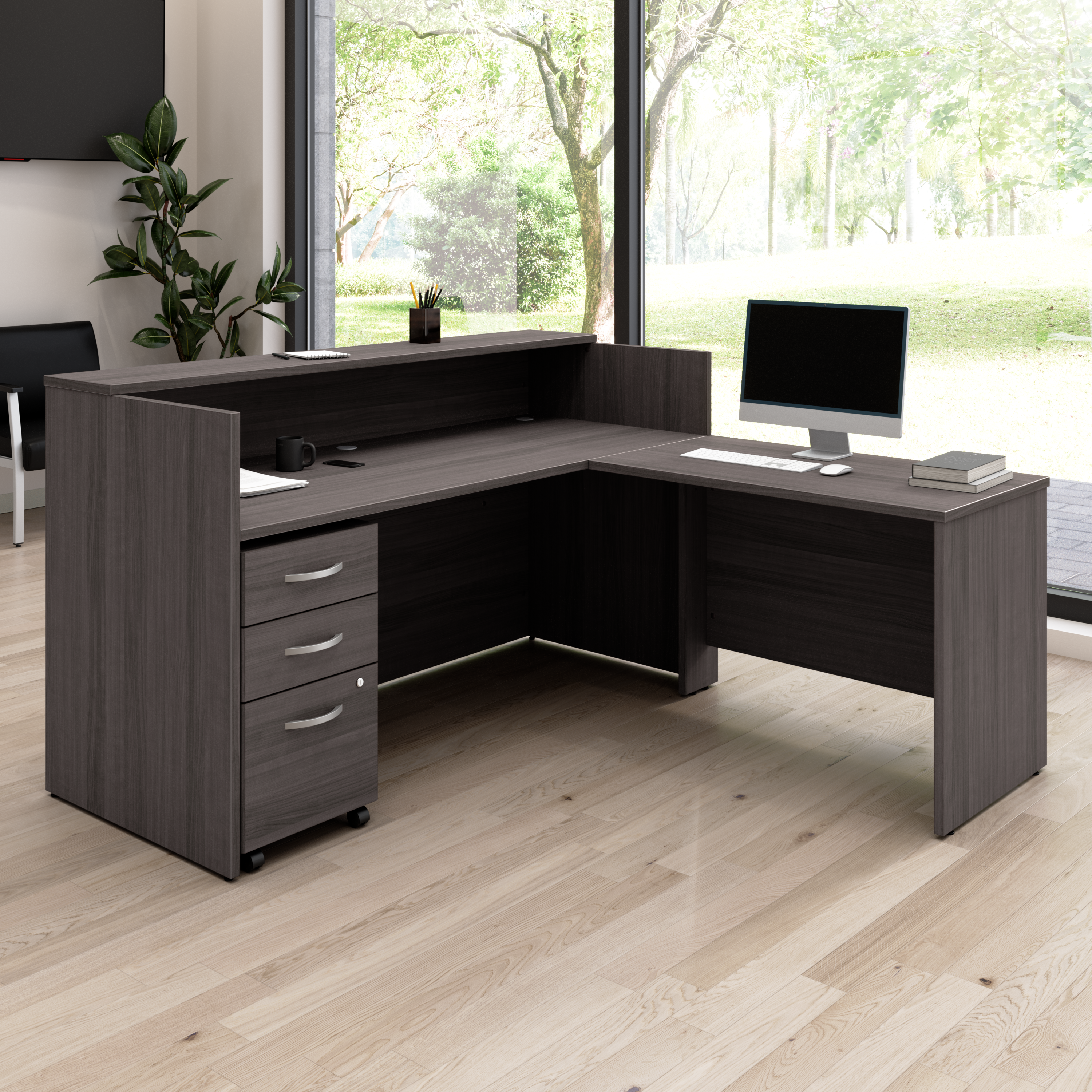 Shop Bush Business Furniture Arrive 72W x 72D L Shaped Reception Desk with Shelf and Mobile File Cabinet 01 ARV007SG #color_storm gray
