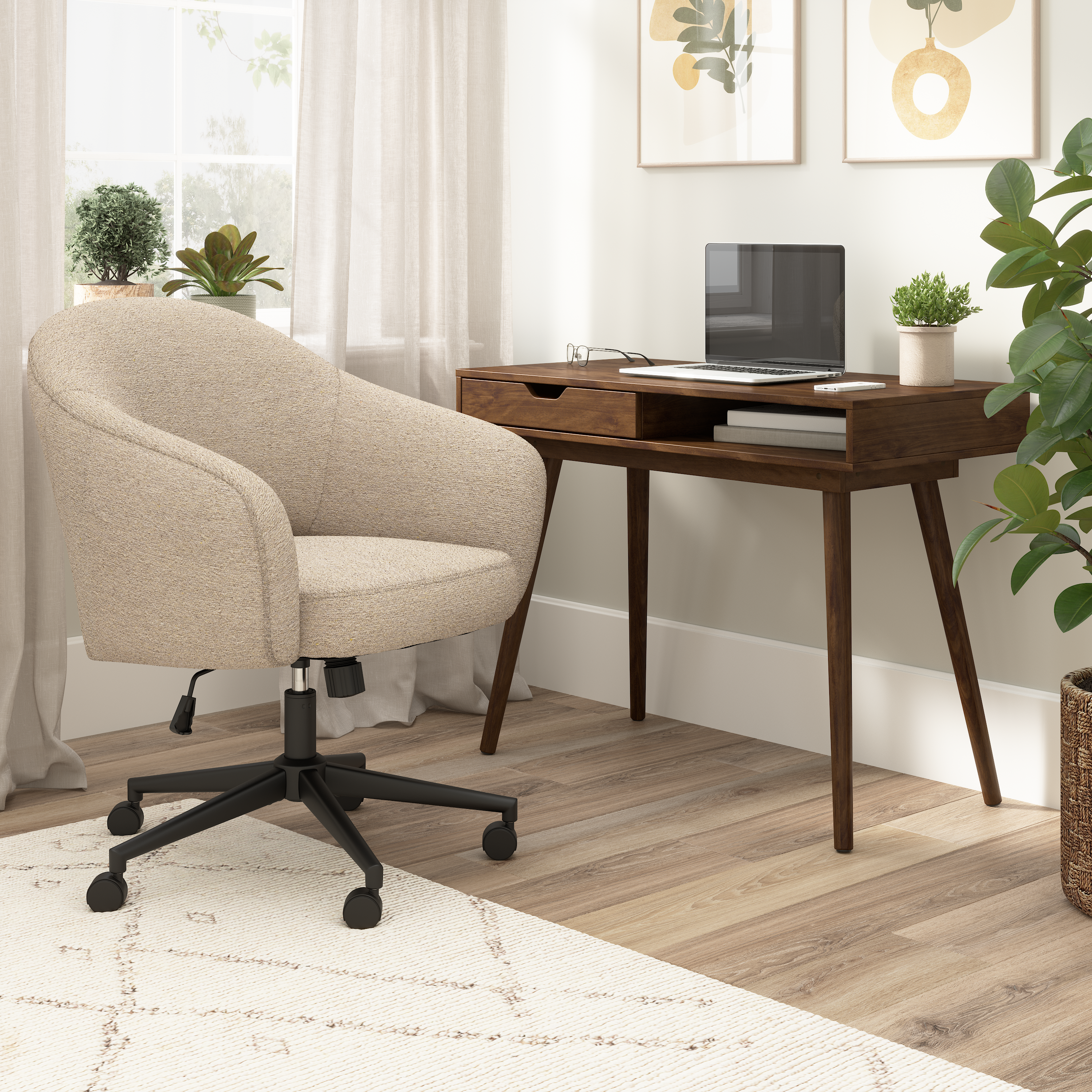 Shop Bush Furniture Nora 40W Small Writing Desk and Chair Set for Home Office 01 NRA002DW #color_pure white/cool beige fabric