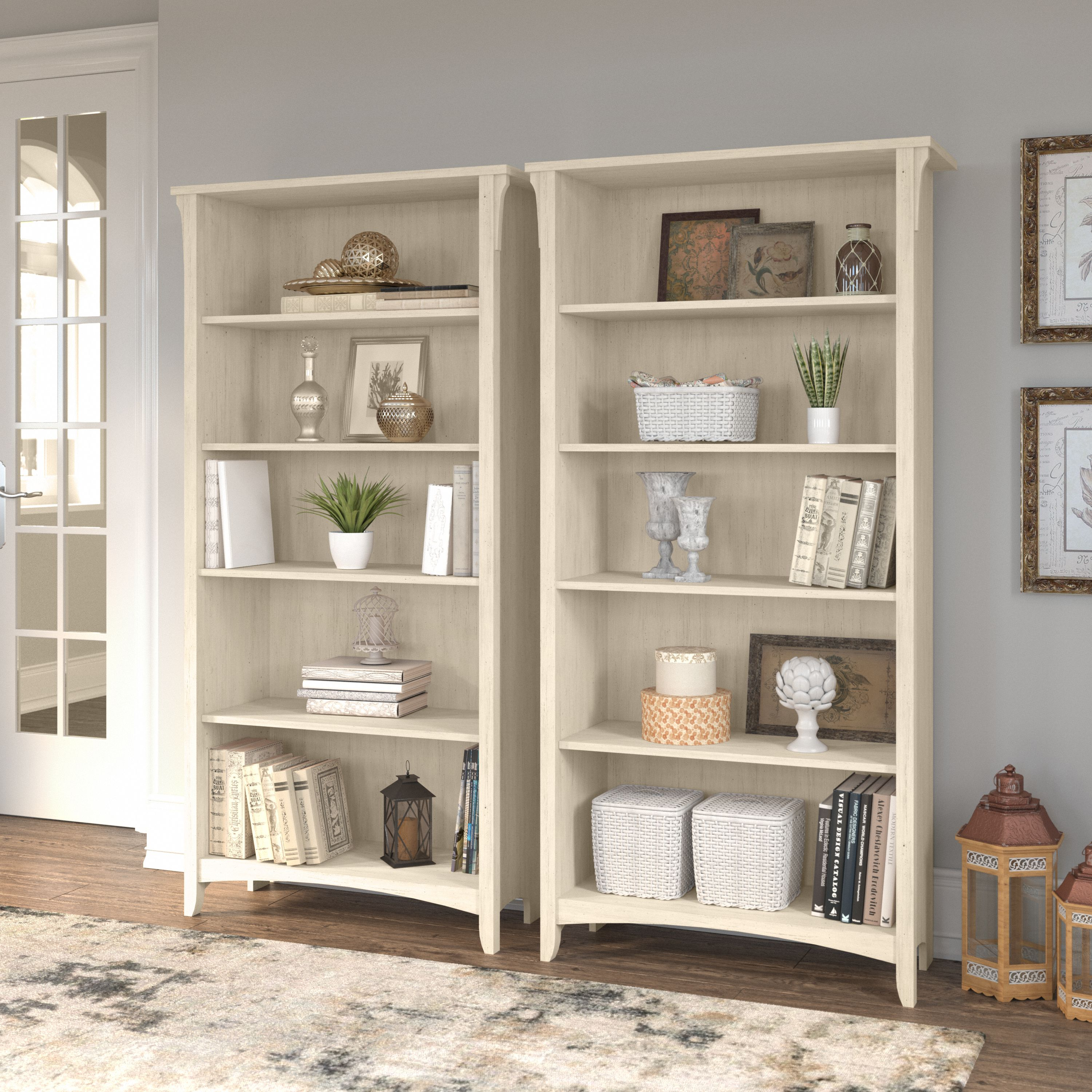 Shop Bush Furniture Salinas Tall 5 Shelf Bookcase - Set of 2 01 SAL036AW #color_antique white