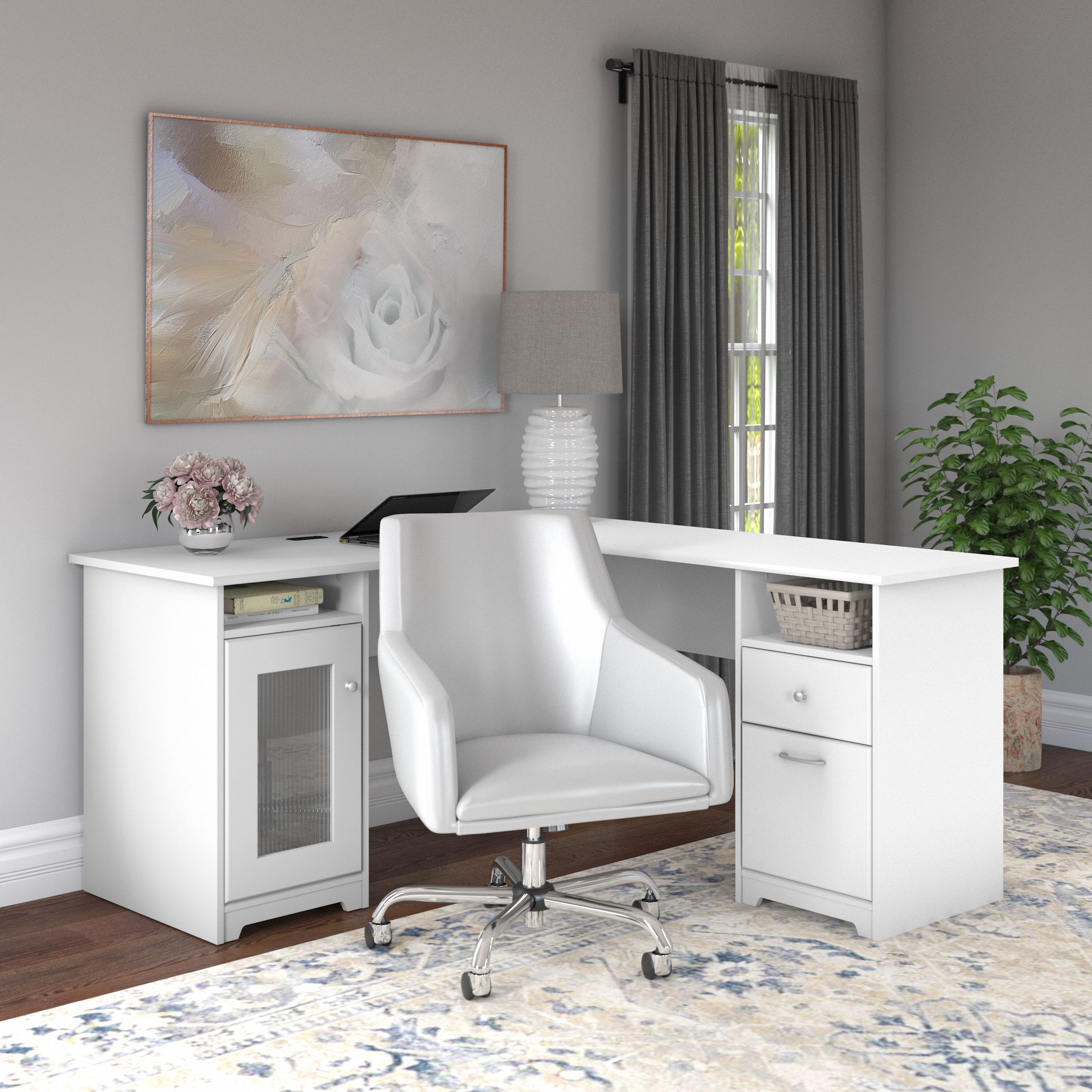 Shop Bush Furniture Cabot 60W L Shaped Computer Desk with Mid Back Leather Box Chair 01 CAB059WHN #color_white