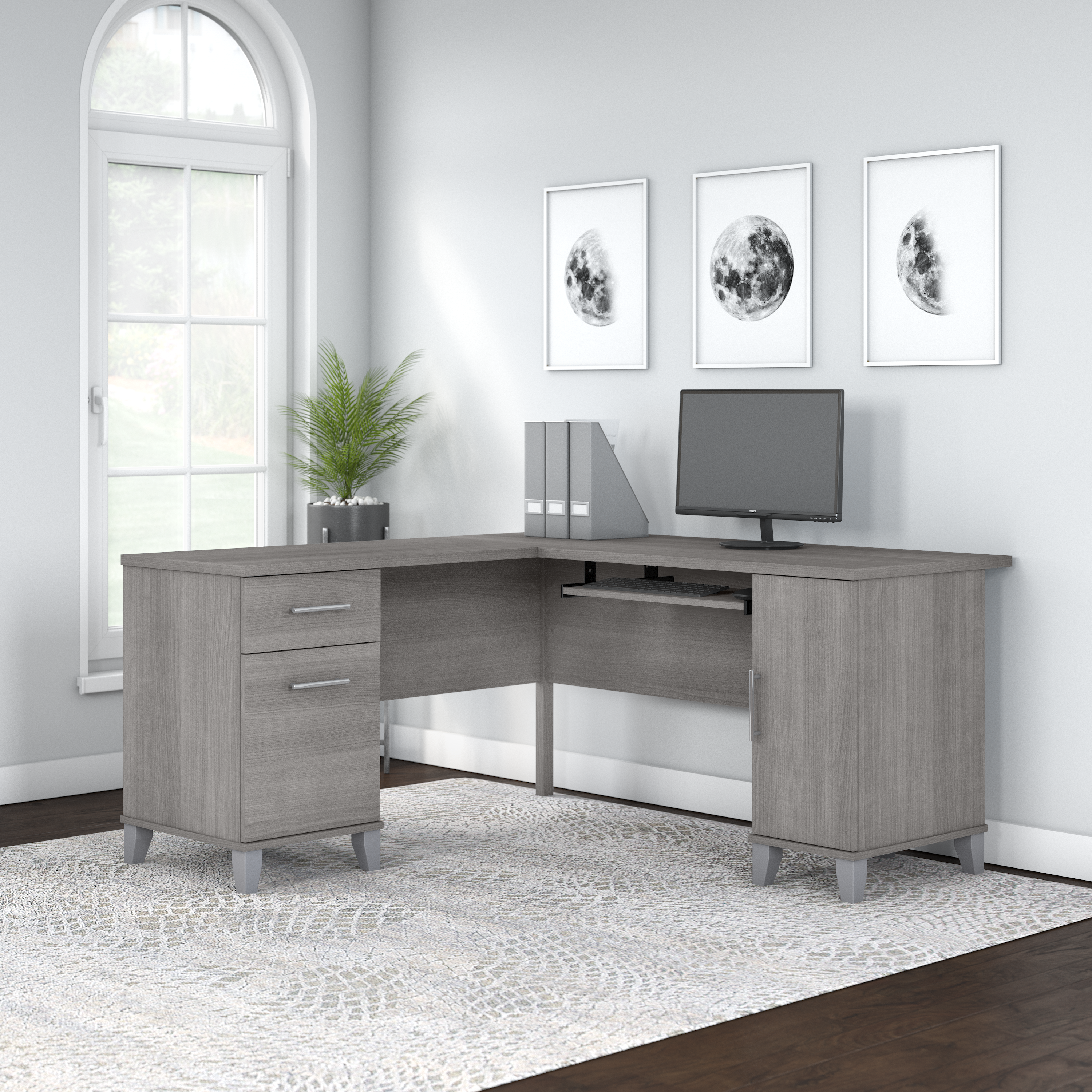 Shop Bush Furniture Somerset 60W L Shaped Desk with Storage 01 WC81230K #color_platinum gray