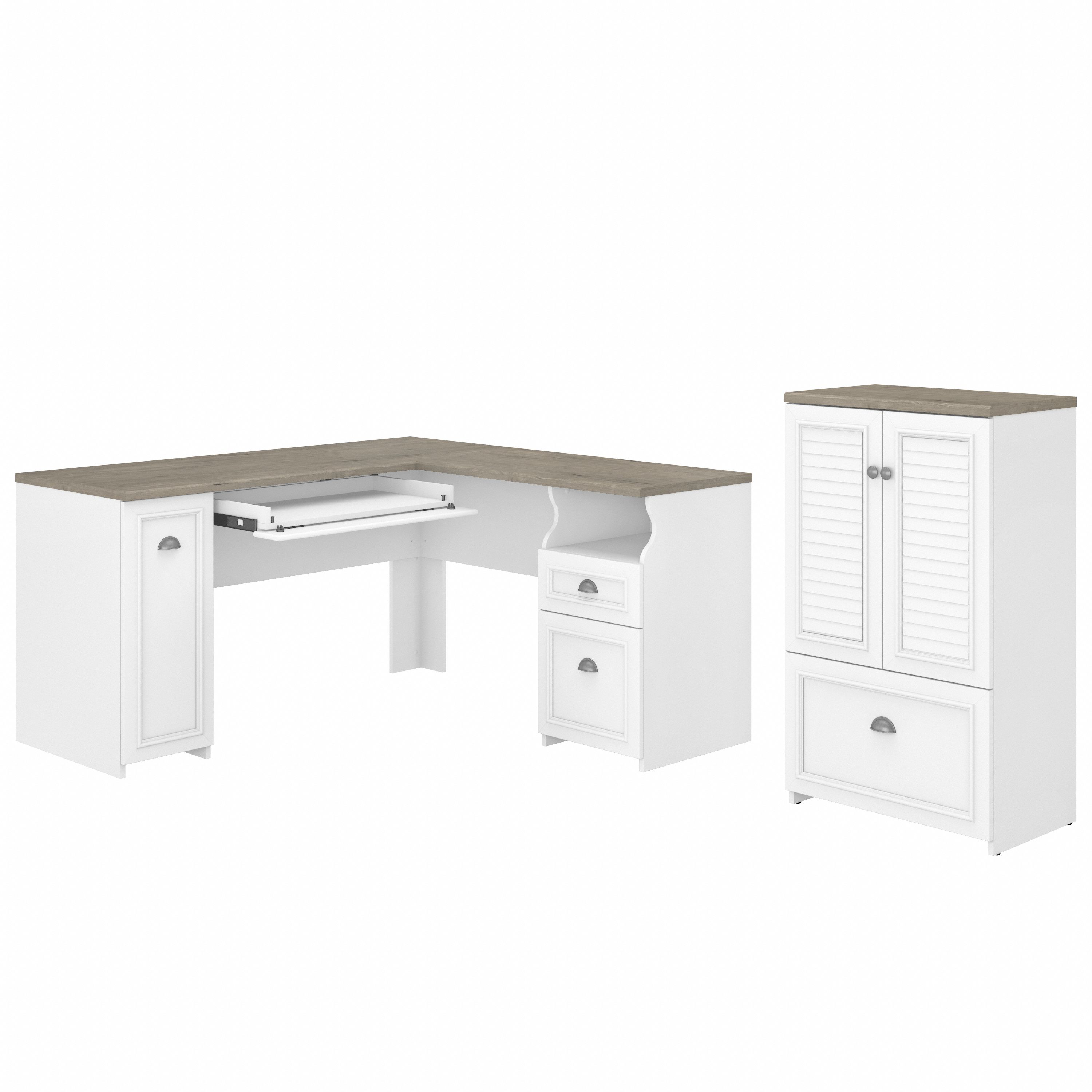 Shop Bush Furniture Fairview 60W L Shaped Desk and 2 Door Storage Cabinet with File Drawer 02 FV009G2W #color_shiplap gray/pure white