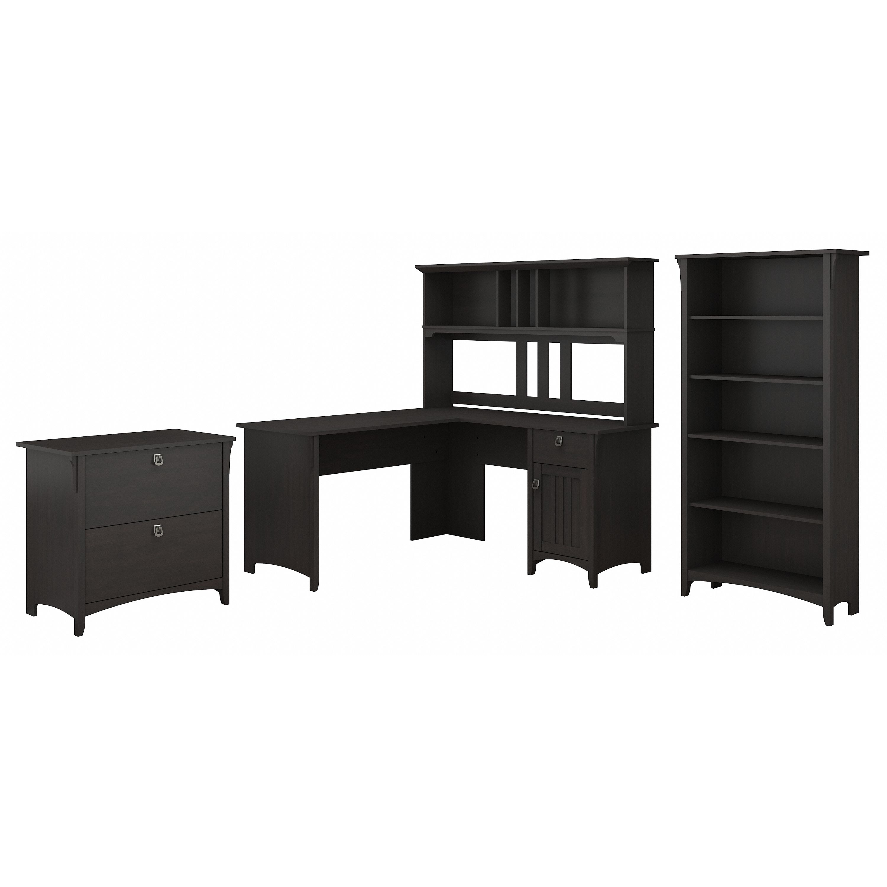 Shop Bush Furniture Salinas 60W L Shaped Desk with Hutch, Lateral File Cabinet and 5 Shelf Bookcase 02 SAL007VB #color_vintage black