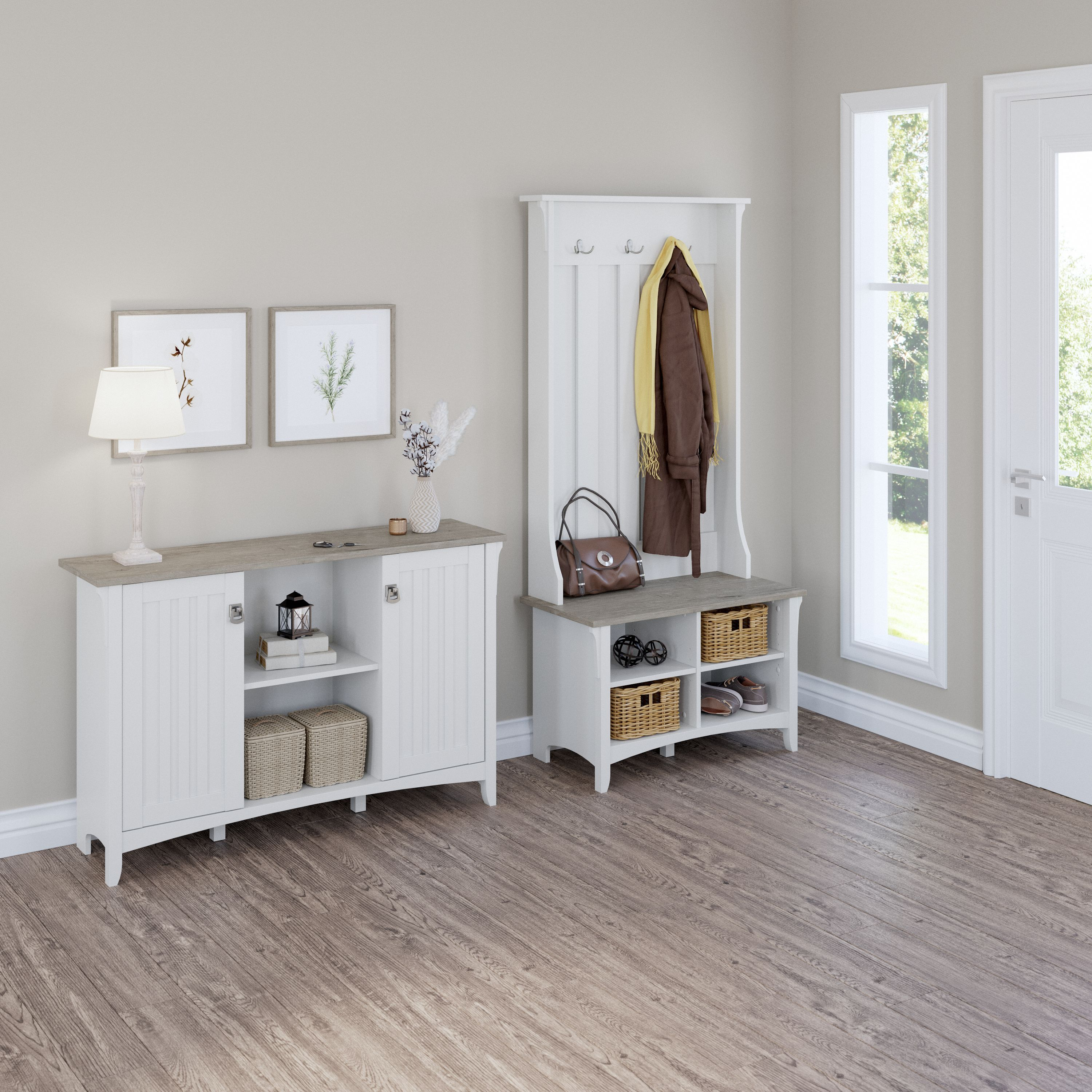 Shop Bush Furniture Salinas Entryway Storage Set with Hall Tree, Shoe Bench and Accent Cabinet 01 SAL008G2W #color_shiplap gray/pure white