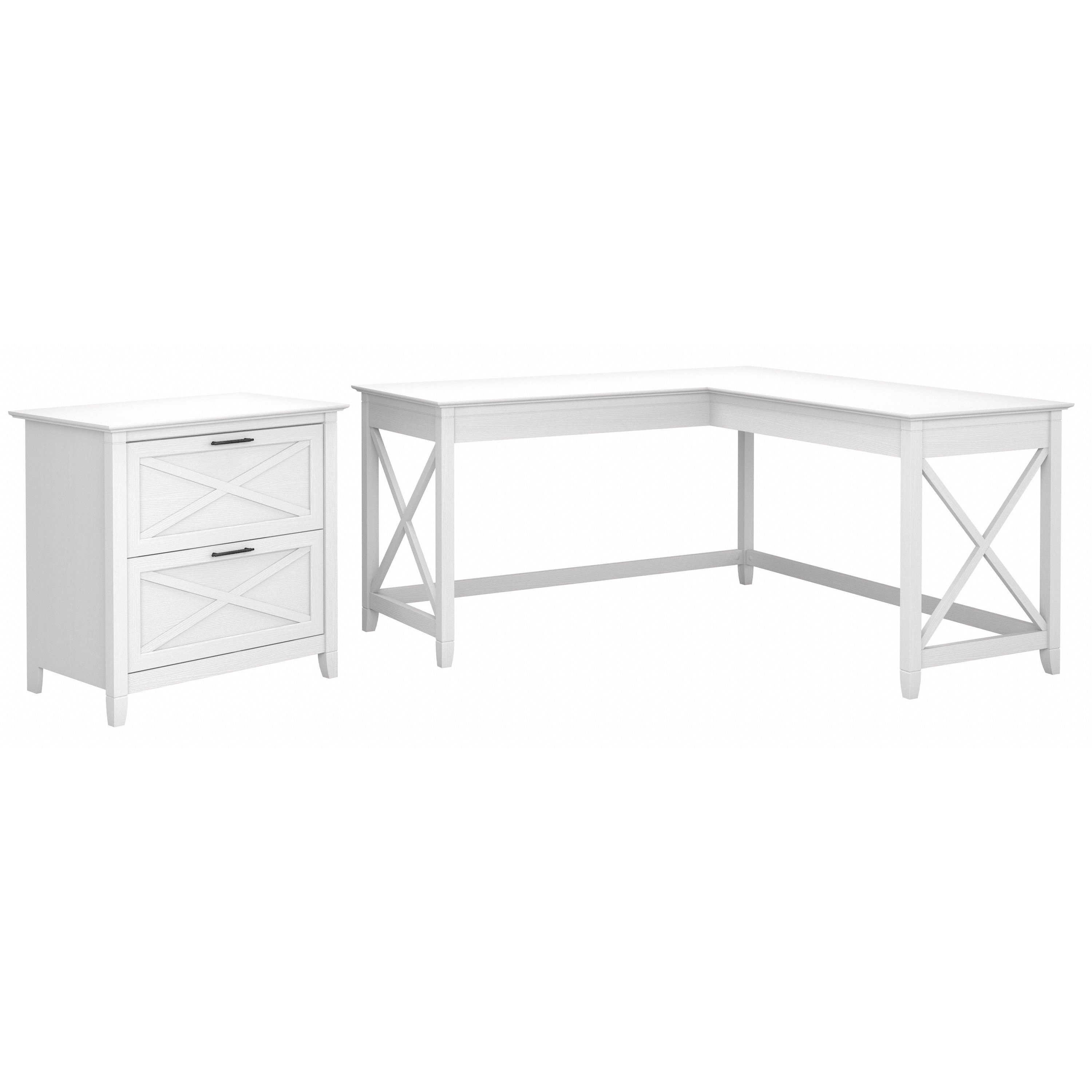 Shop Bush Furniture Key West 60W L Shaped Desk with 2 Drawer Lateral File Cabinet 02 KWS014WT #color_pure white oak
