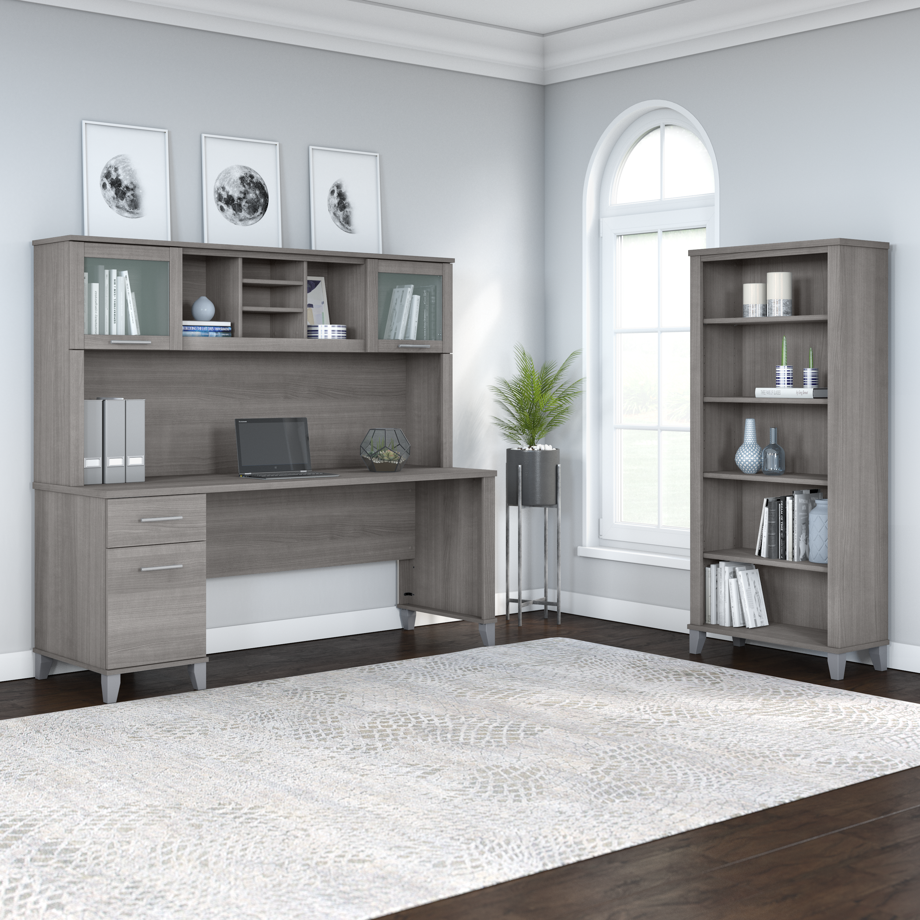 Shop Bush Furniture Somerset 72W Office Desk with Hutch and 5 Shelf Bookcase 01 SET020PG #color_platinum gray