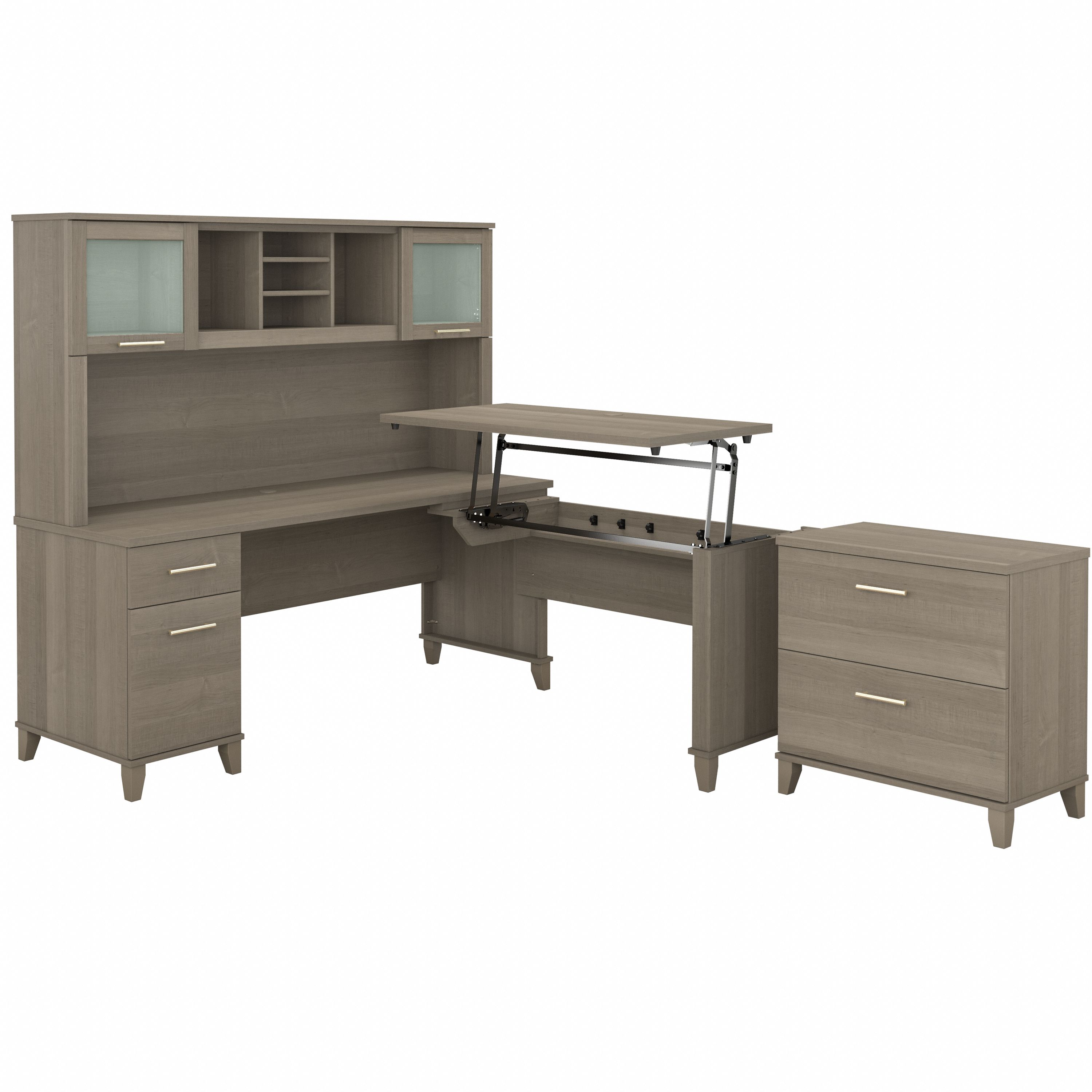 Shop Bush Furniture Somerset 72W 3 Position Sit to Stand L Shaped Desk with Hutch and File Cabinet 02 SET016AG #color_ash gray