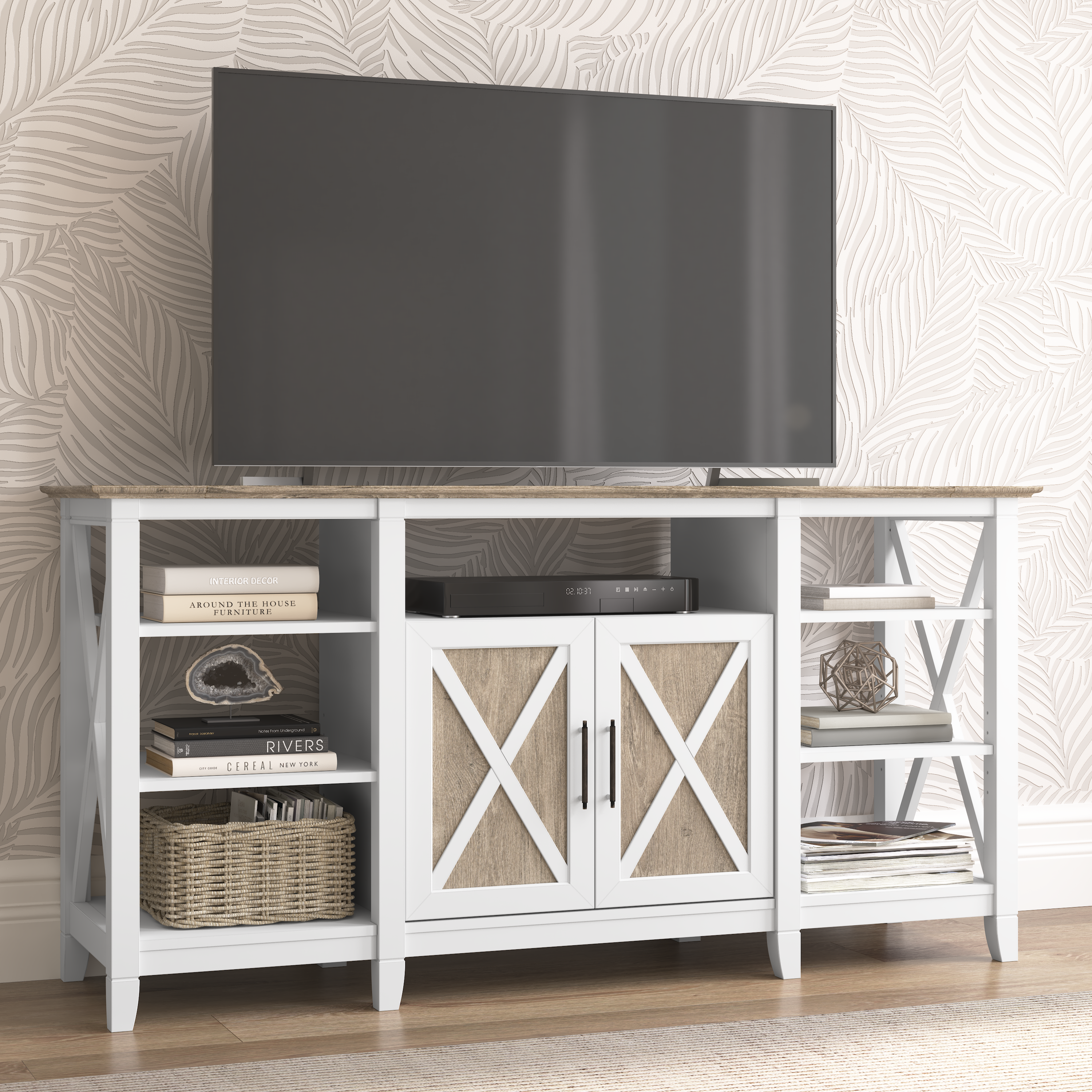 Shop Bush Furniture Key West Tall TV Stand for 65 Inch TV 01 KWV160G2W-03 #color_shiplap gray/pure white