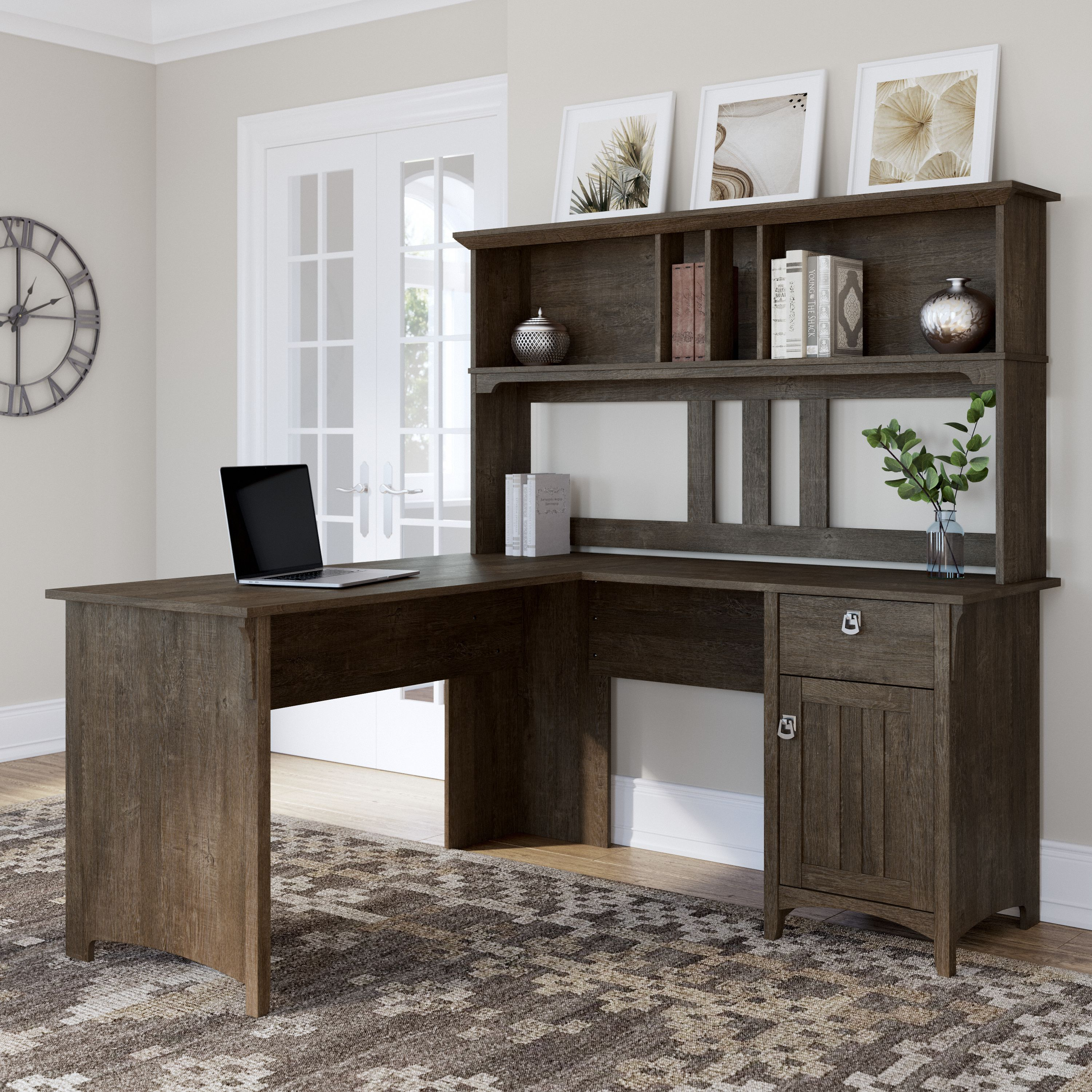 Shop Bush Furniture Salinas 60W L Shaped Desk with Hutch 01 SAL004ABR #color_ash brown