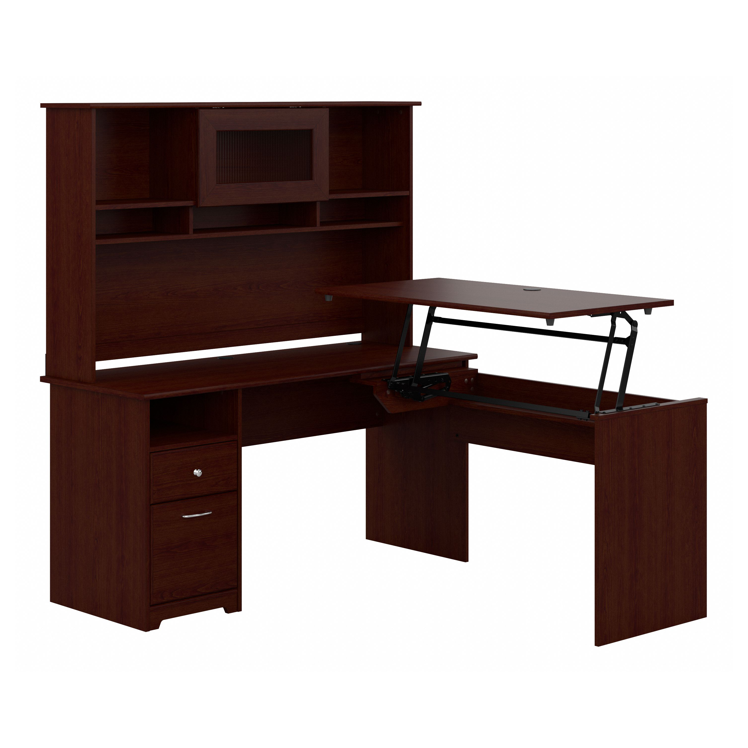 Shop Bush Furniture Cabot 60W 3 Position Sit to Stand L Shaped Desk with Hutch 02 CAB045HVC #color_harvest cherry