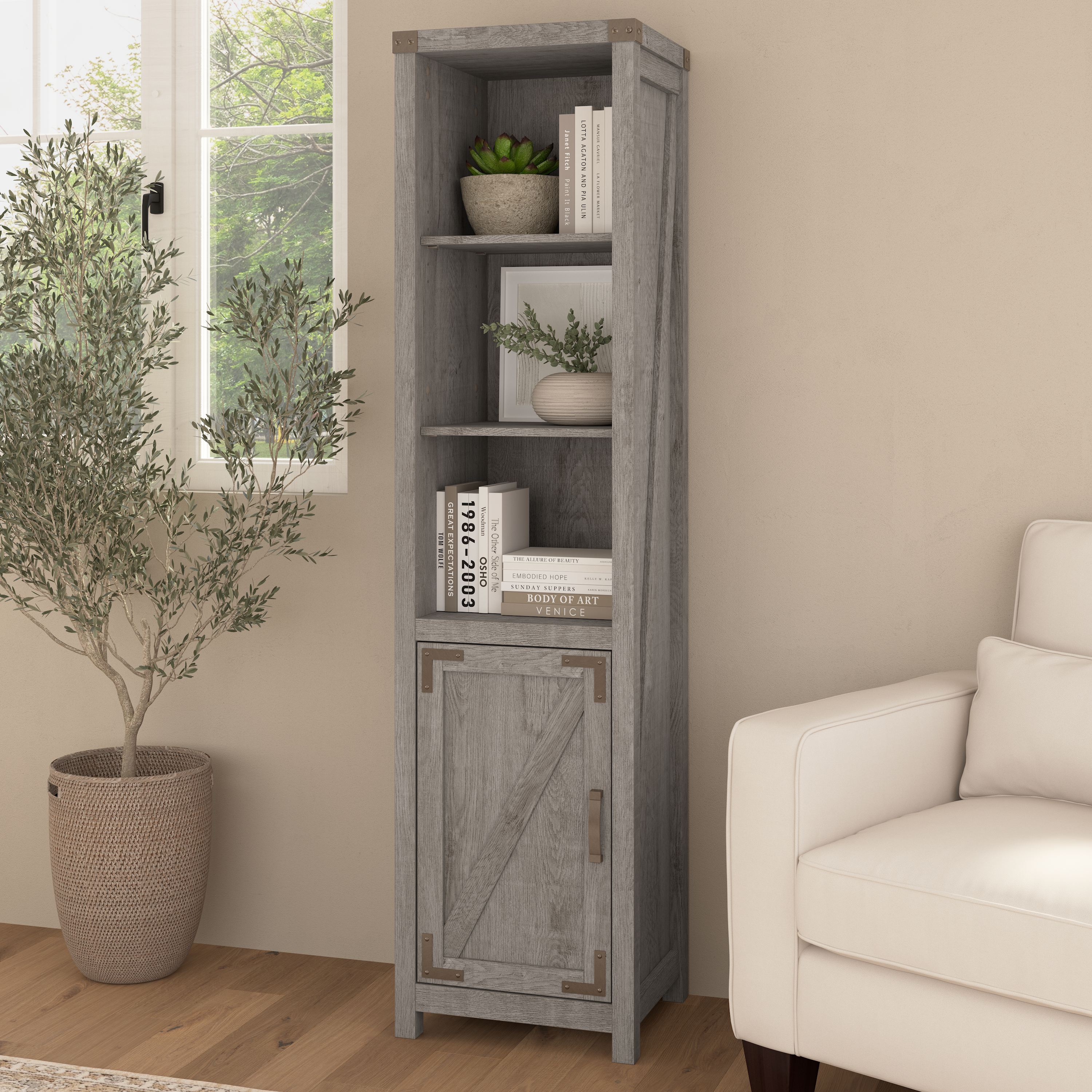 Shop Bush Furniture Knoxville Tall Narrow 5 Shelf Bookcase with Door 01 CGB118RTG-03 #color_restored gray
