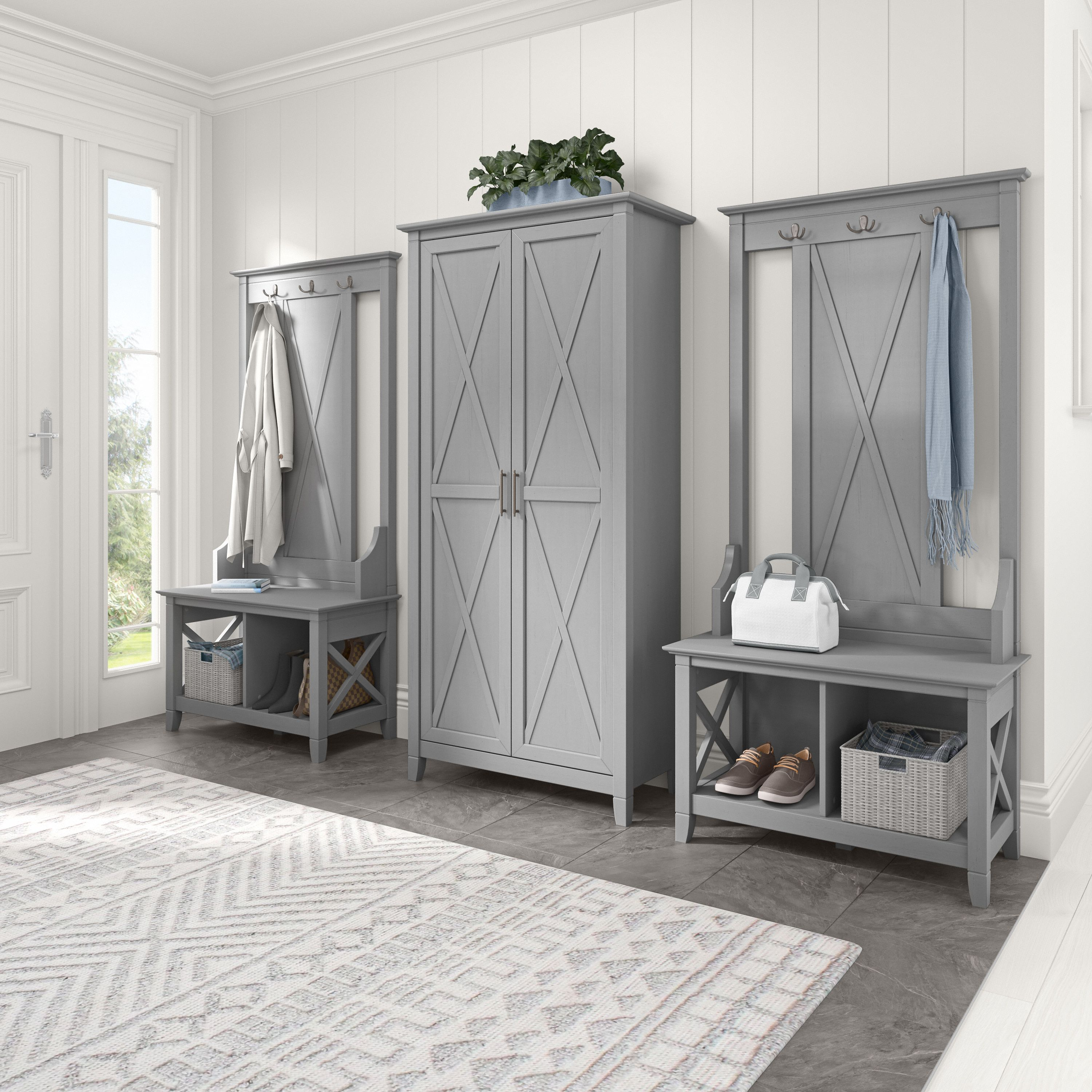 Shop Bush Furniture Key West Entryway Storage Set with Hall Tree, Shoe Bench and Tall Cabinet 01 KWS057CG #color_cape cod gray