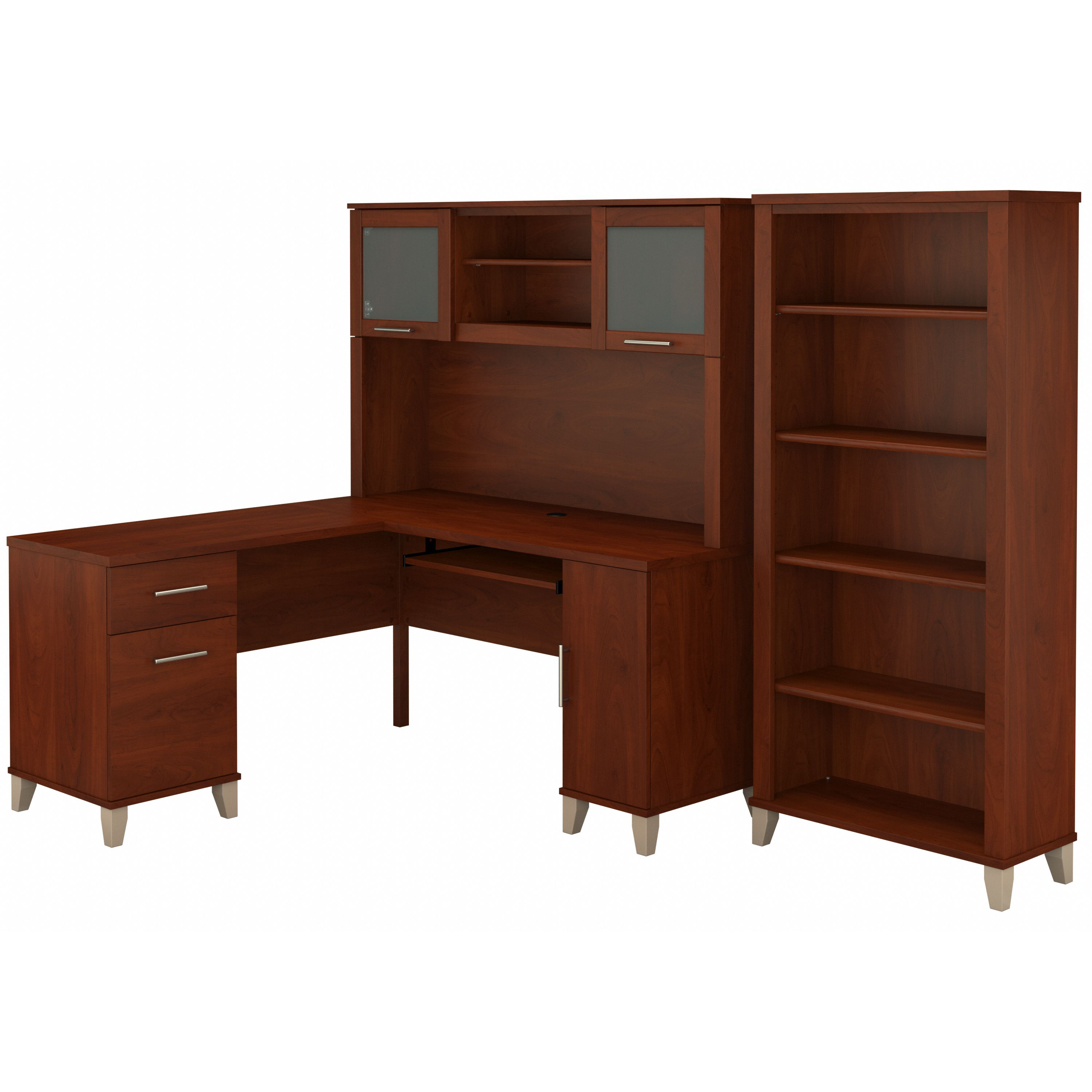 Shop Bush Furniture Somerset 60W L Shaped Desk with Hutch and 5 Shelf Bookcase 02 SET010HC #color_hansen cherry