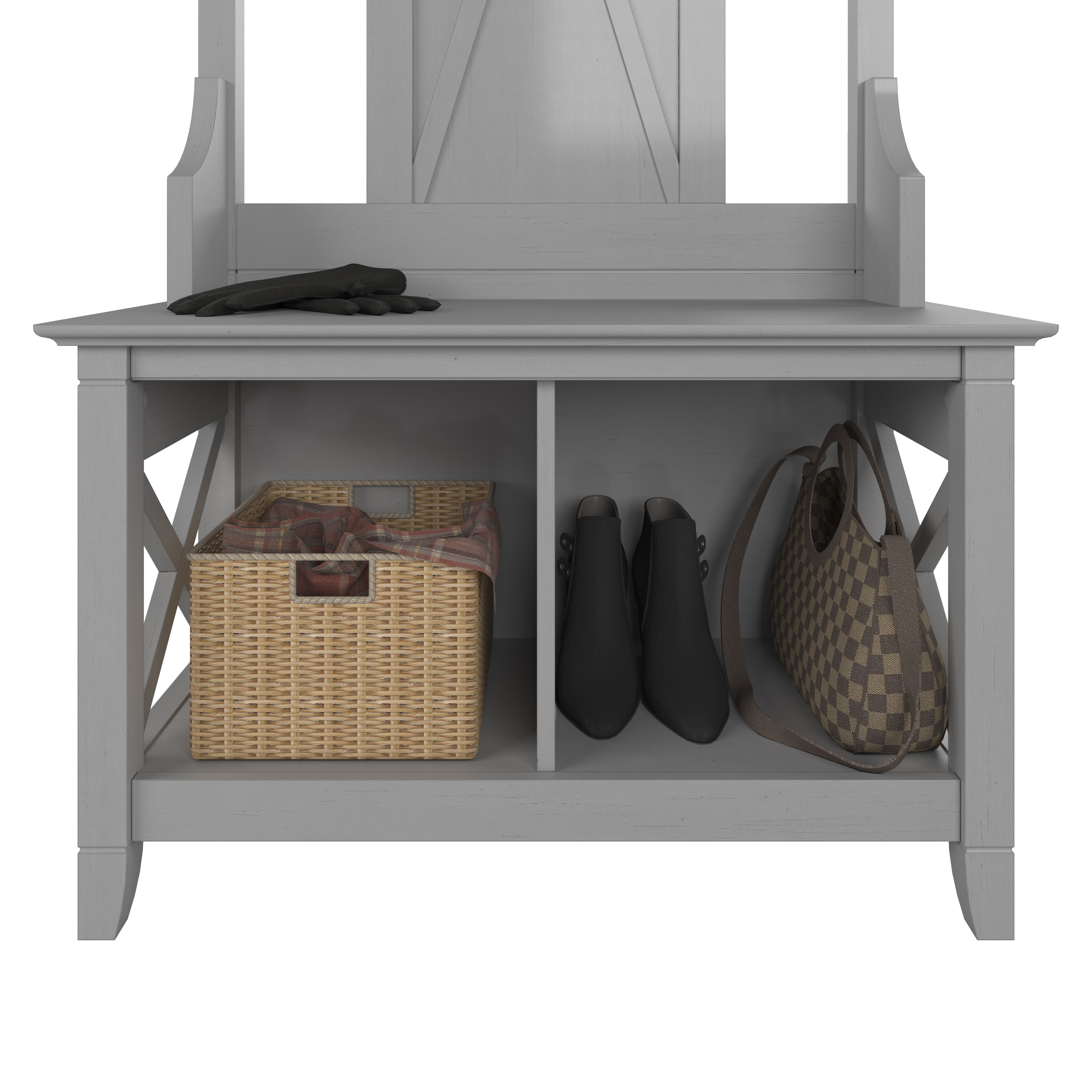 Shop Bush Furniture Key West Entryway Storage Set with Hall Tree, Shoe Bench and 2 Door Cabinet 05 KWS054CG #color_cape cod gray