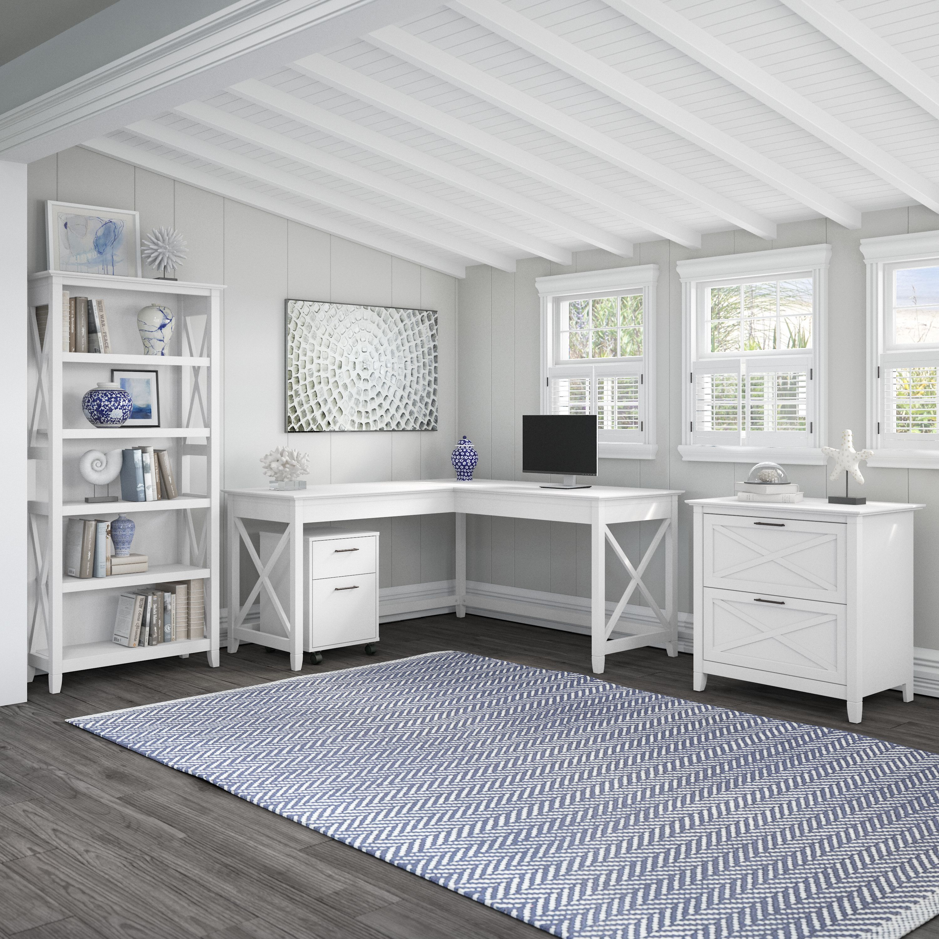 Shop Bush Furniture Key West 60W L Shaped Desk with File Cabinets and 5 Shelf Bookcase 01 KWS017WT #color_pure white oak