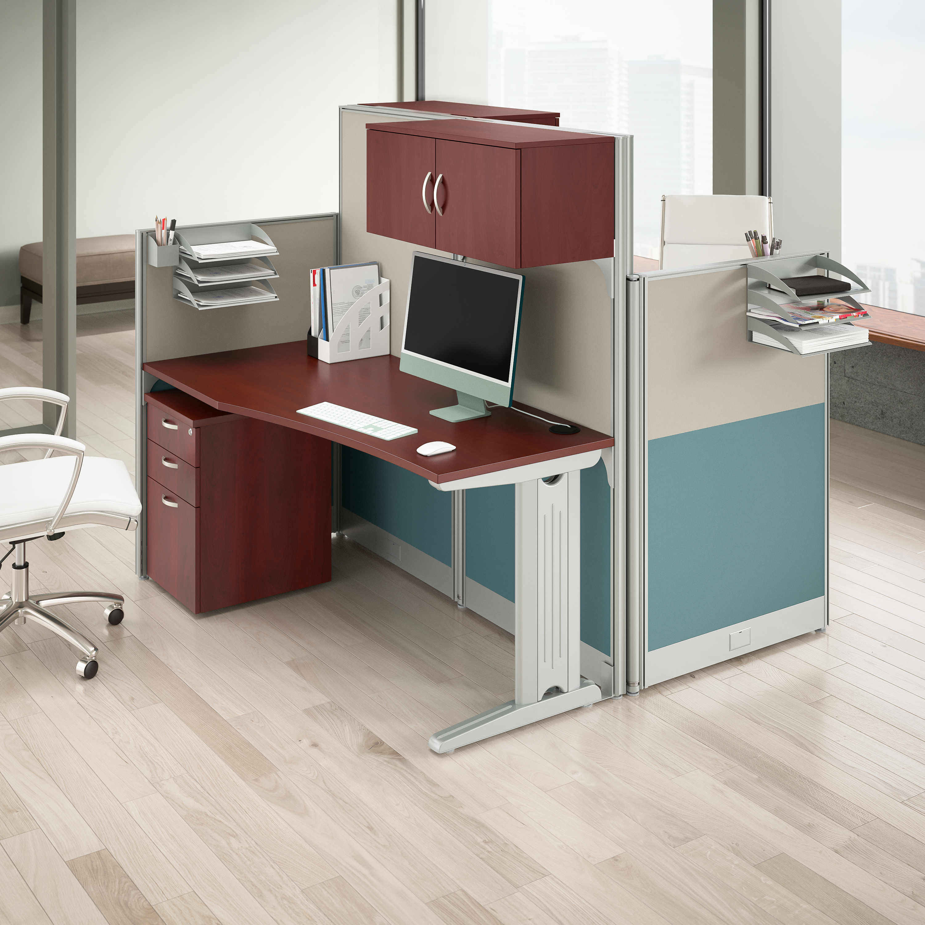 Shop Bush Business Furniture Office in an Hour 2 Person Straight Cubicle Desks with Storage, Drawers, and Organizers 06 OIAH005HC #color_hansen cherry