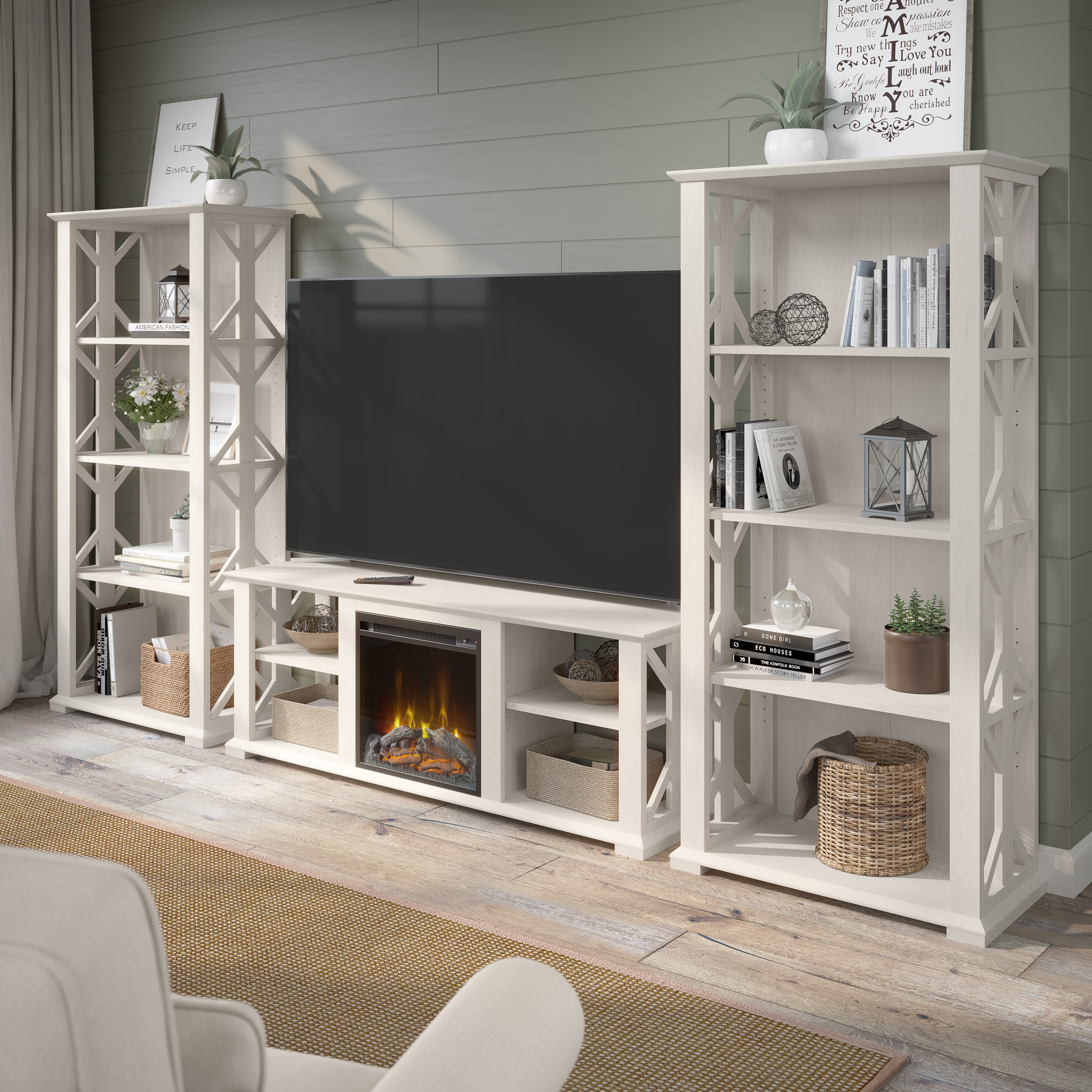 Shop Bush Furniture Homestead Farmhouse TV Stand for 70 Inch TV 08 HOV160LW-03 #color_linen white oak