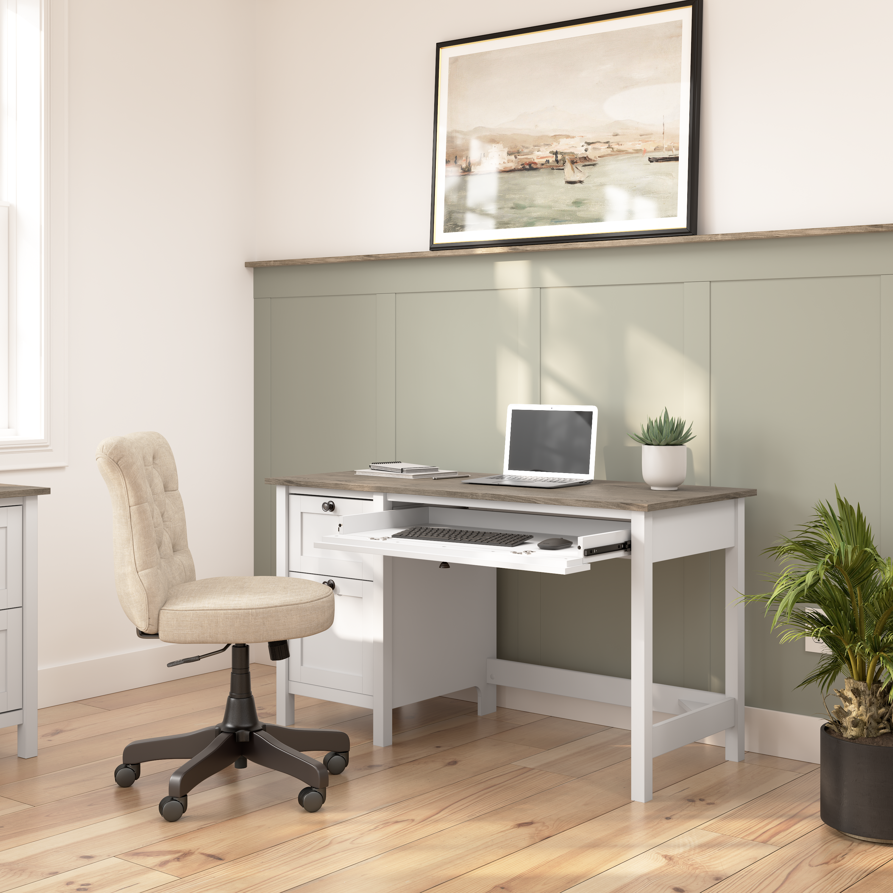 Shop Bush Furniture Mayfield 54W Computer Desk with Drawers 06 MAD254GW2-03 #color_shiplap gray/pure white