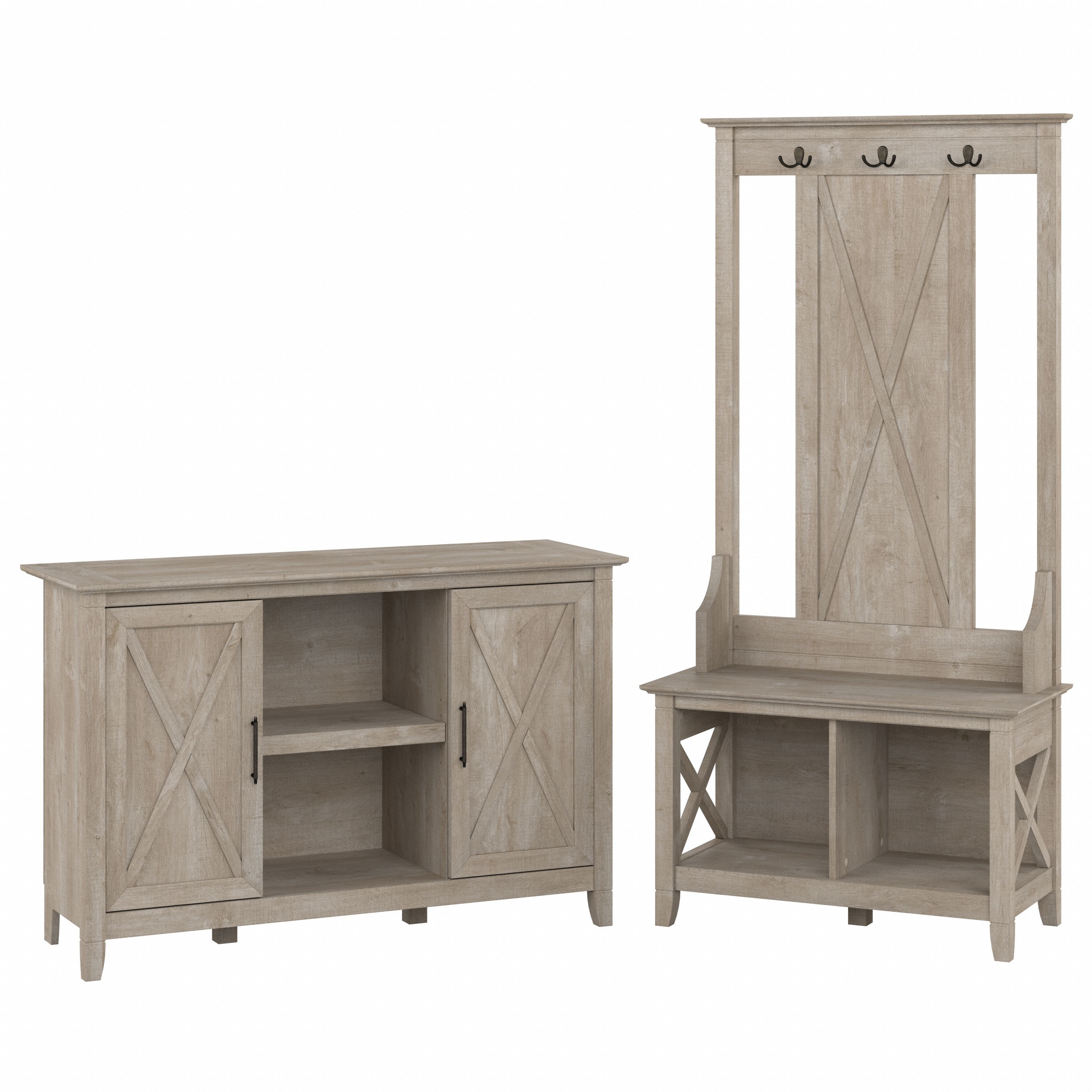 Shop Bush Furniture Key West Entryway Storage Set with Hall Tree, Shoe Bench and 2 Door Cabinet 02 KWS054WG #color_washed gray