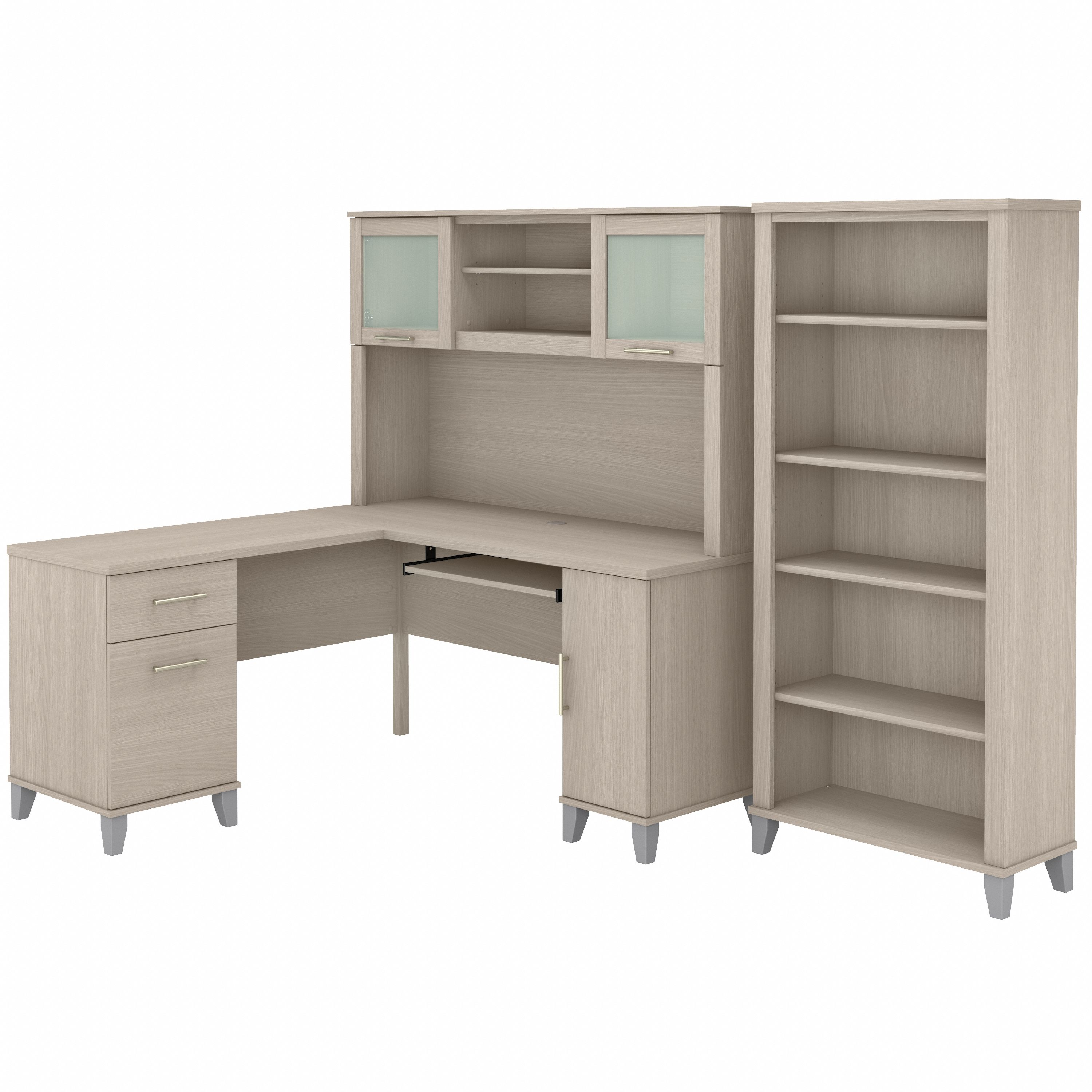 Shop Bush Furniture Somerset 60W L Shaped Desk with Hutch and 5 Shelf Bookcase 02 SET010SO #color_sand oak