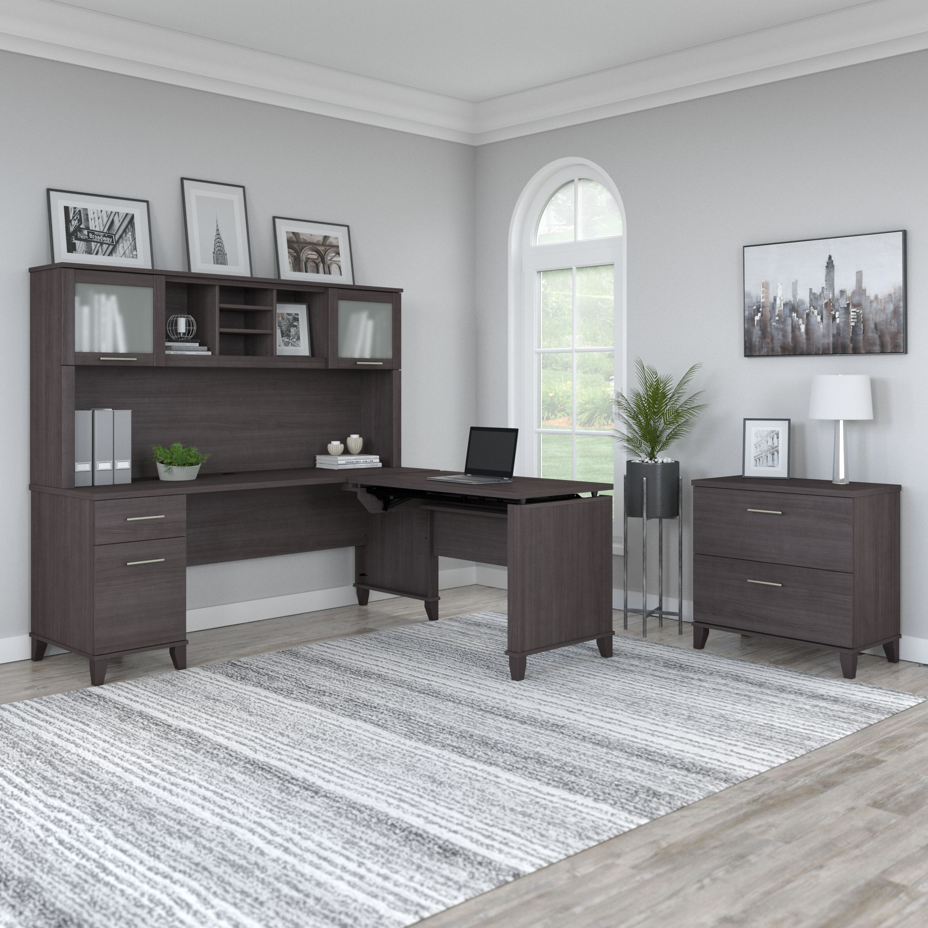 Shop Bush Furniture Somerset 72W 3 Position Sit to Stand L Shaped Desk with Hutch and File Cabinet 06 SET016SG #color_storm gray