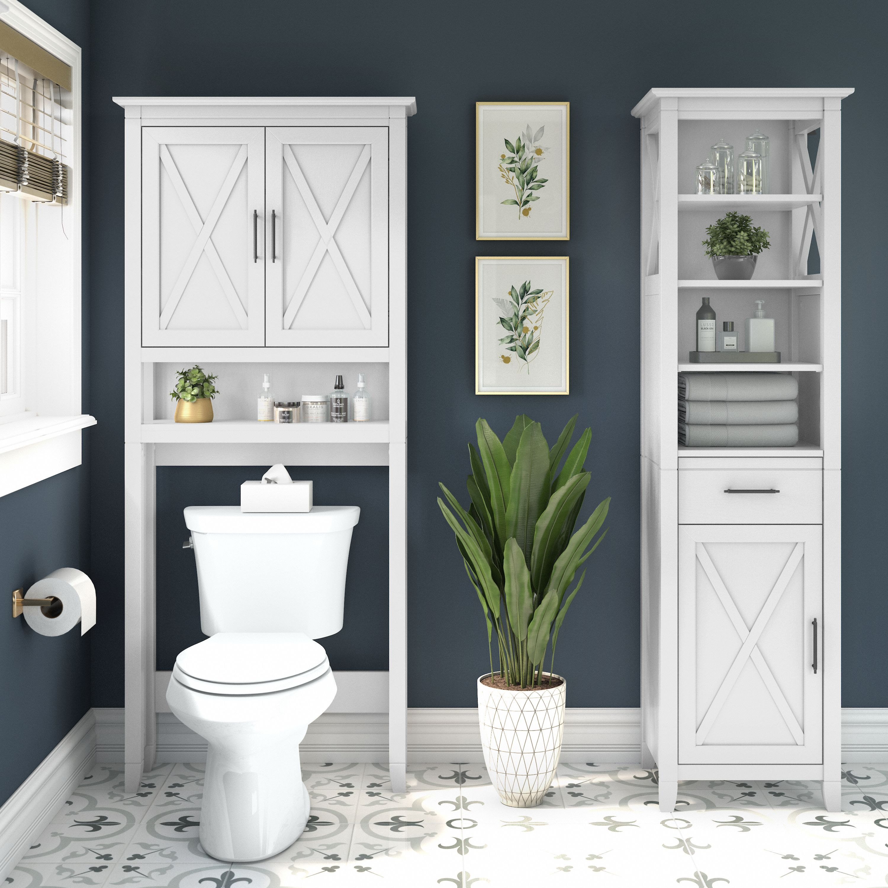 Shop Bush Furniture Key West Tall Linen Cabinet and Over The Toilet Storage Cabinet 01 KWS038WAS #color_white ash
