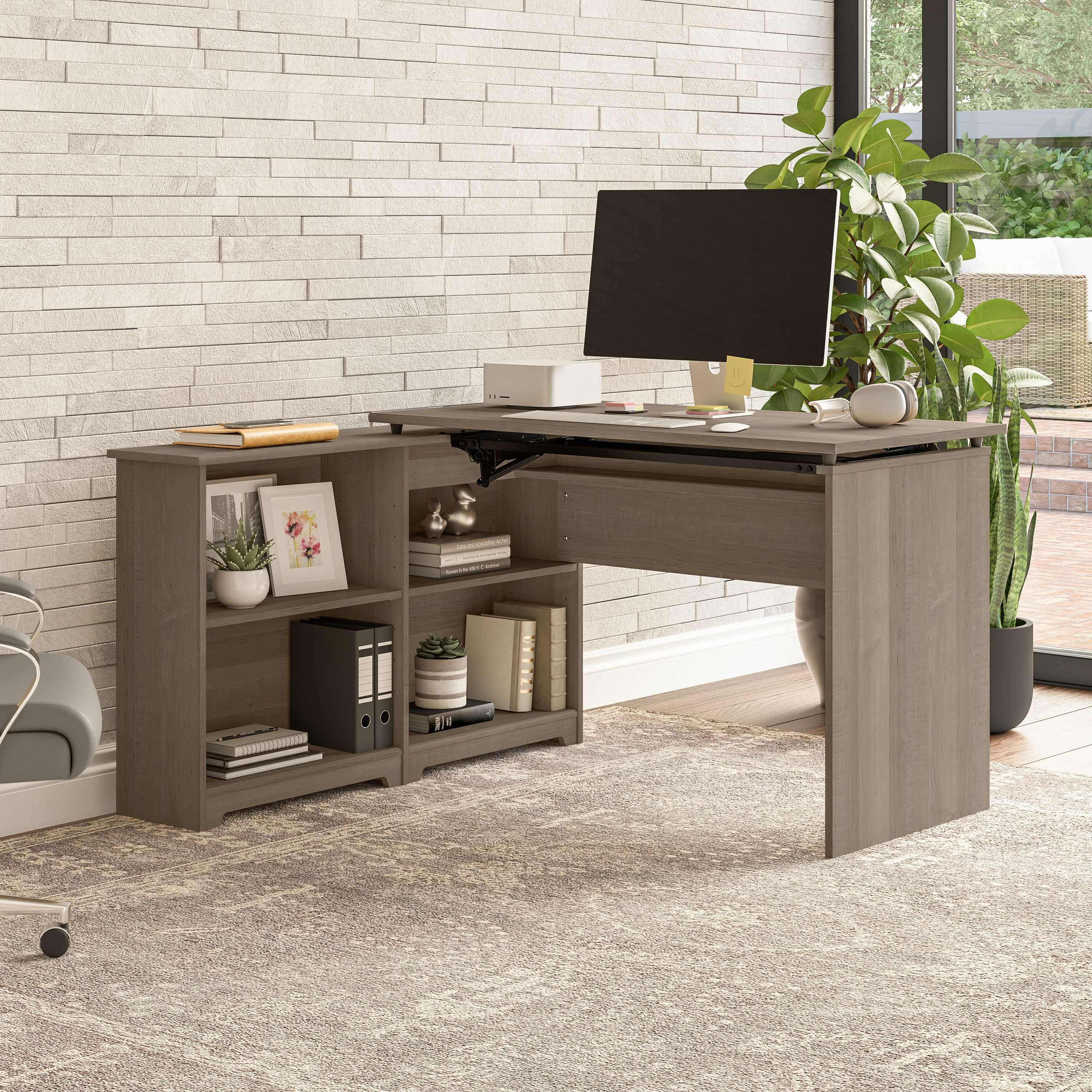 Shop Bush Furniture Cabot 52W 3 Position Sit to Stand Corner Desk with Shelves 06 WC31216 #color_ash gray