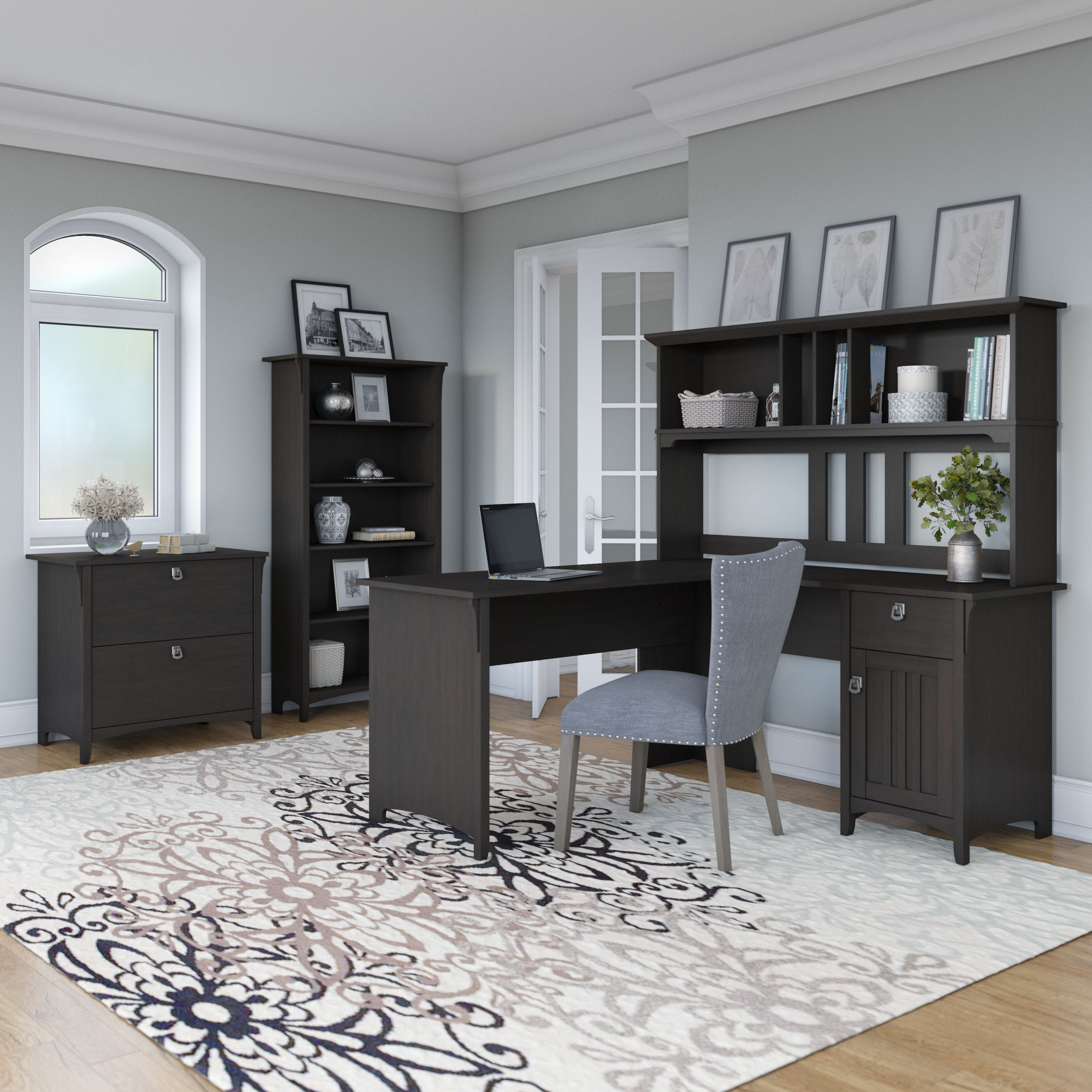 Shop Bush Furniture Salinas 60W L Shaped Desk with Hutch, Lateral File Cabinet and 5 Shelf Bookcase 01 SAL007VB #color_vintage black