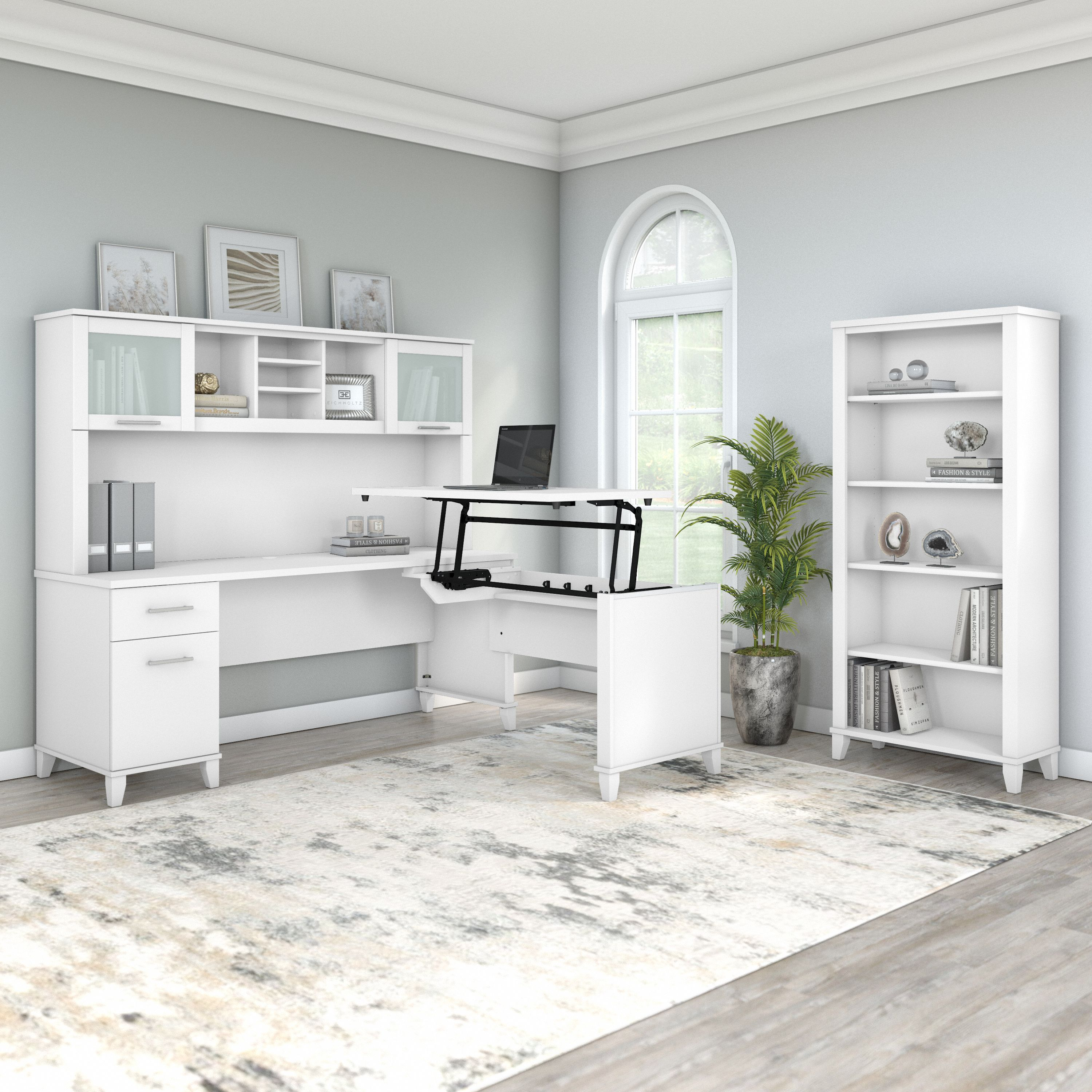 Shop Bush Furniture Somerset 72W 3 Position Sit to Stand L Shaped Desk with Hutch and Bookcase 01 SET017WH #color_white