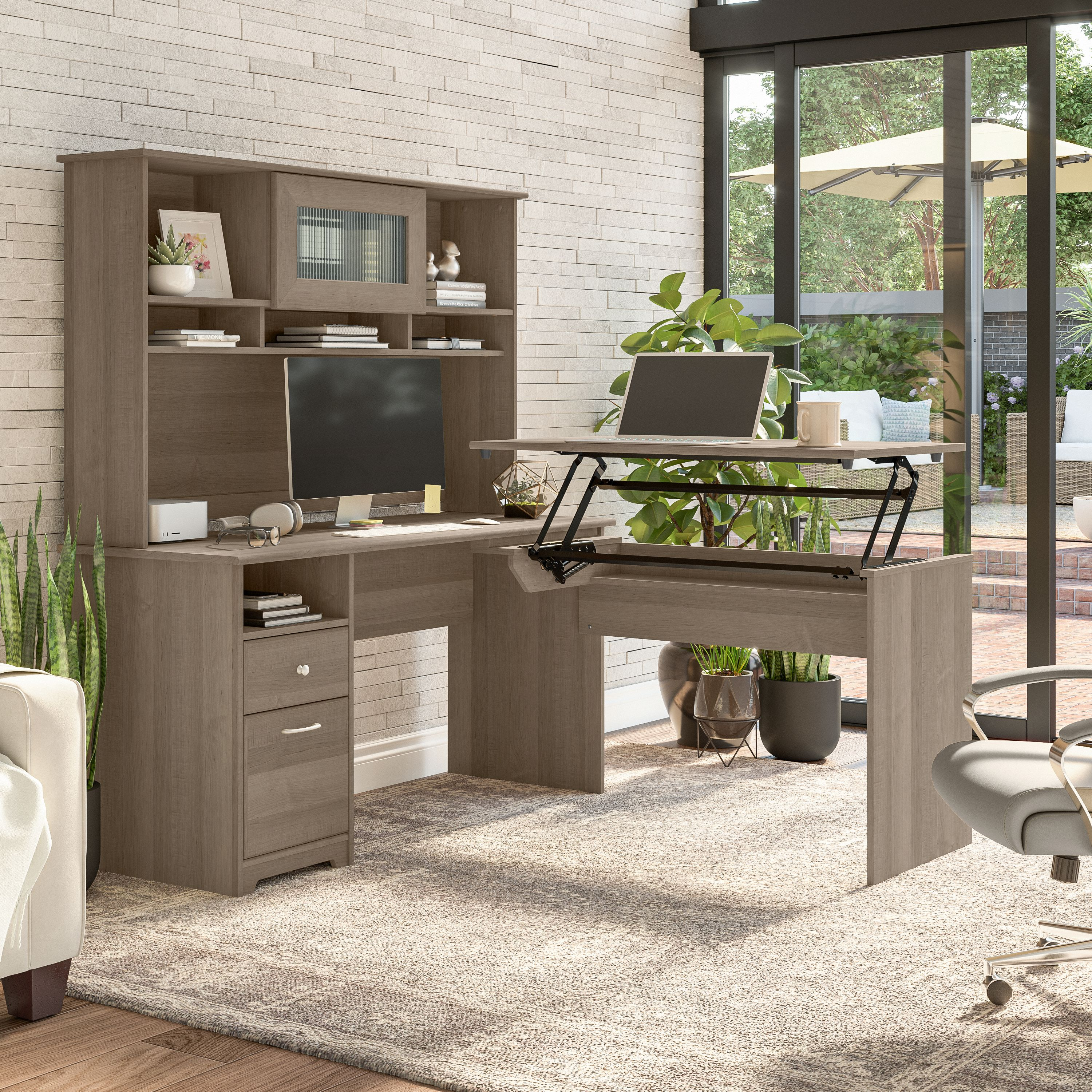 Shop Bush Furniture Cabot 60W 3 Position Sit to Stand L Shaped Desk with Hutch 01 CAB045AG #color_ash gray