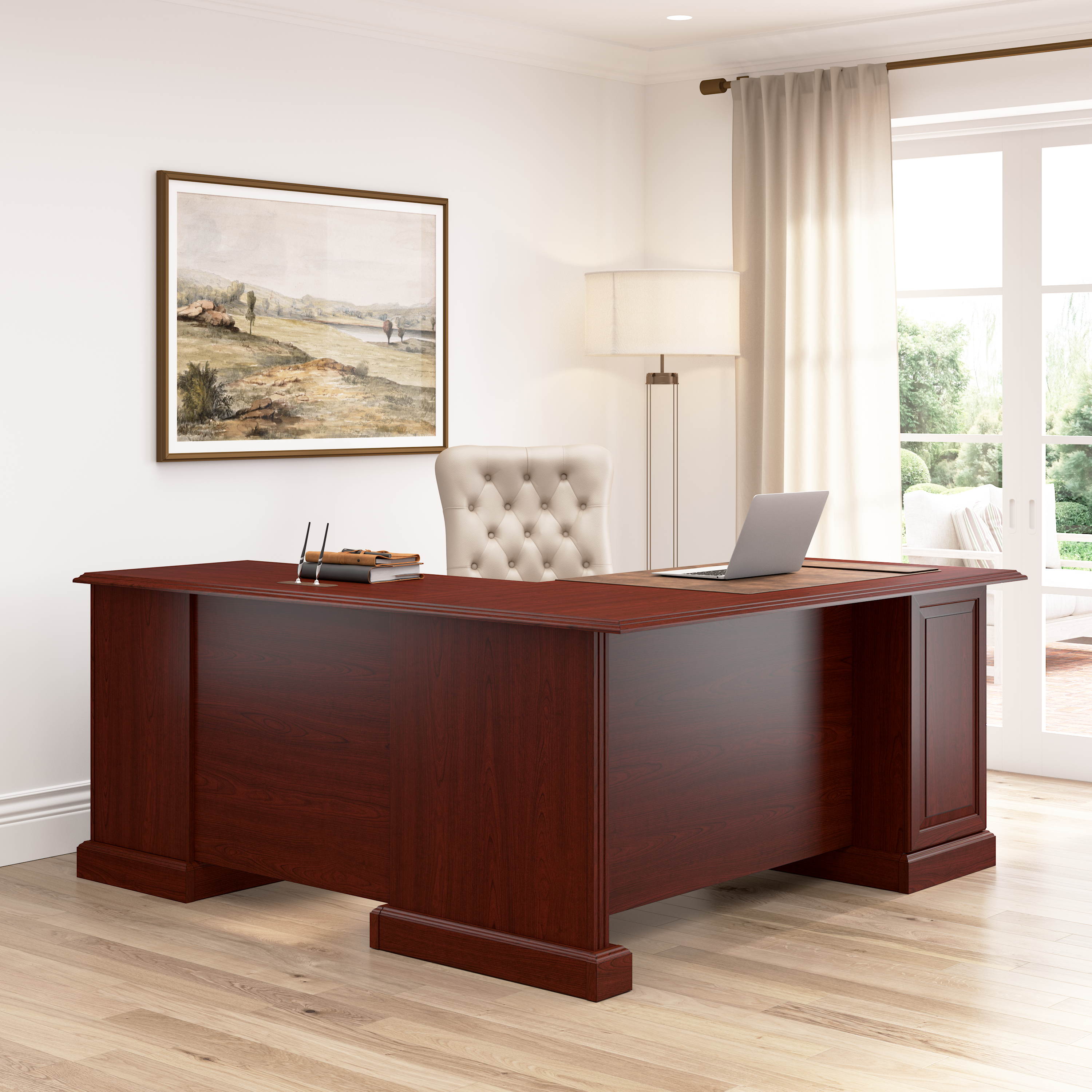 Shop Bush Business Furniture Arlington L Shaped Desk with Drawers and Keyboard Tray 06 WC65570-03K #color_harvest cherry
